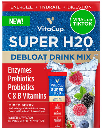 VitaCup Super H2O Bloating Relief and Digestive Health Drink Mix Packets, Probiotics, Prebiotics, C & B Vitamins, Mixed Berry Flavor Water Enhancer Packets, 16Ct VitaCup uk supplements