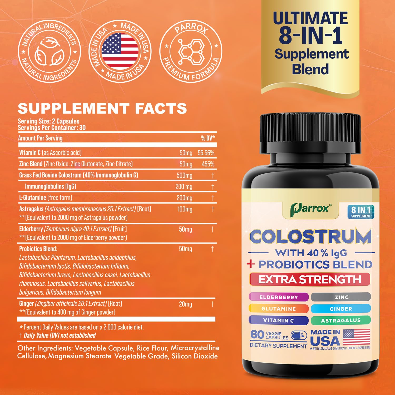 Parrox Colostrum Supplement Capsules, Grass Fed Cow Colostrum with 40% IgG, Probiotics Blend, Elderberry, Astragalus, Zinc, Ginger, Vitamin C, L-Glutamine, 8 in 1 Extra Strength Bovine Boost (60 Caps) Parrox uk supplements