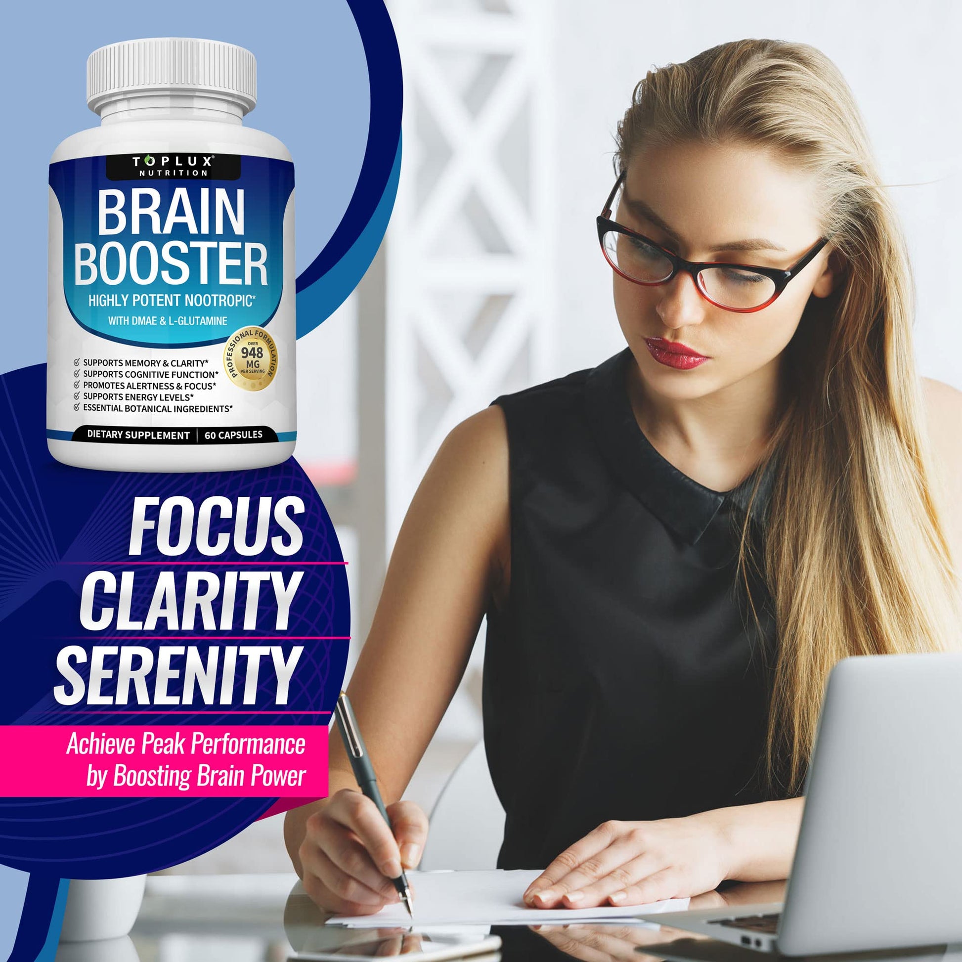 Toplux Brain Supplement Nootropic – Brain Pills Vitamin with DMAE, Bacopa Monnieri, L-Gutamine, for Men Women, 60 Capsules, Nutrition Toplux uk supplements