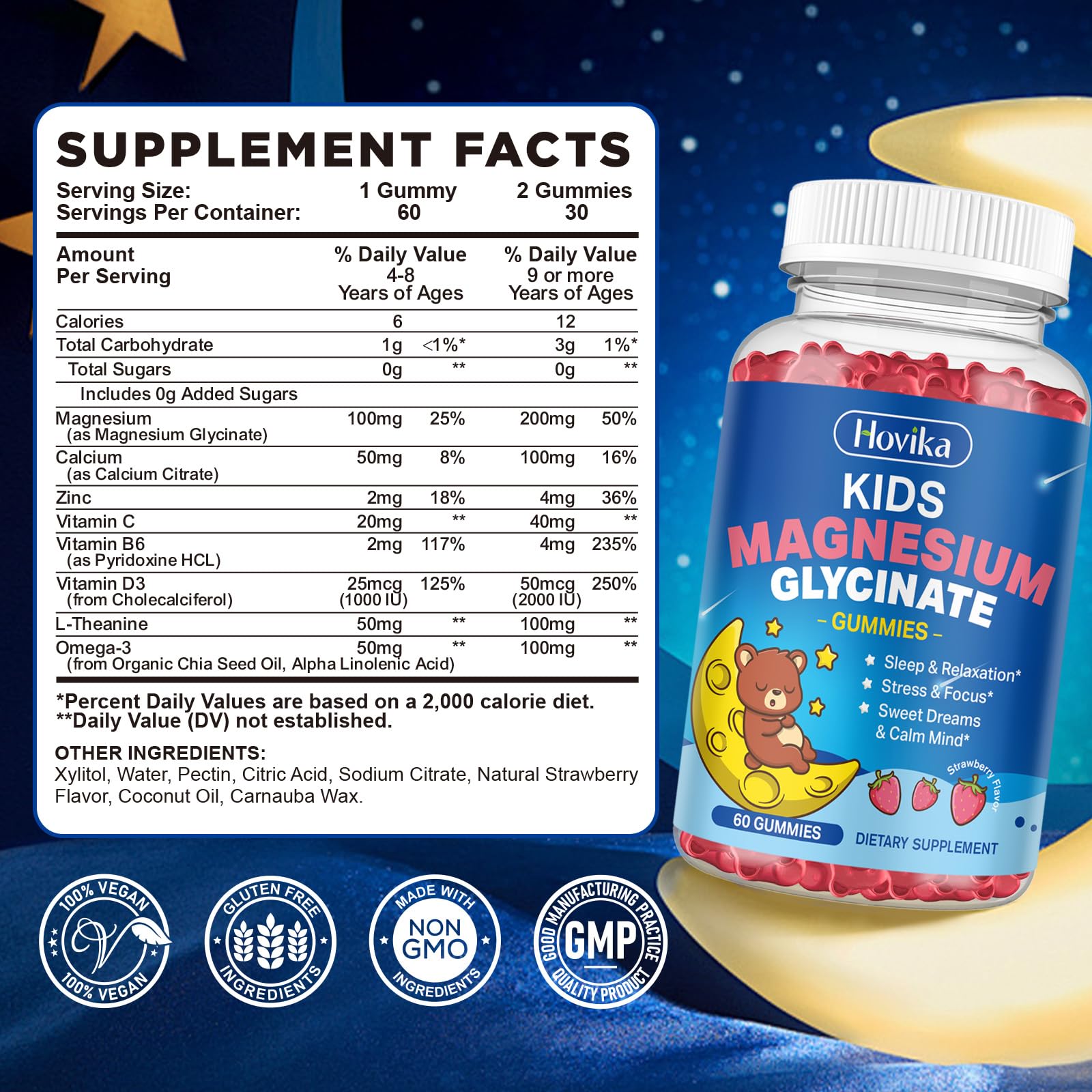 Magnesium Glycinate Gummies for Kids - with L-Theanine, Omega-3, Vitamin B6, D3, Zinc - Kids Magnesium Gummies for Sleep, Relaxation, Calm & Focus - Sugar Free Strawberry 60ct Hovika uk supplements