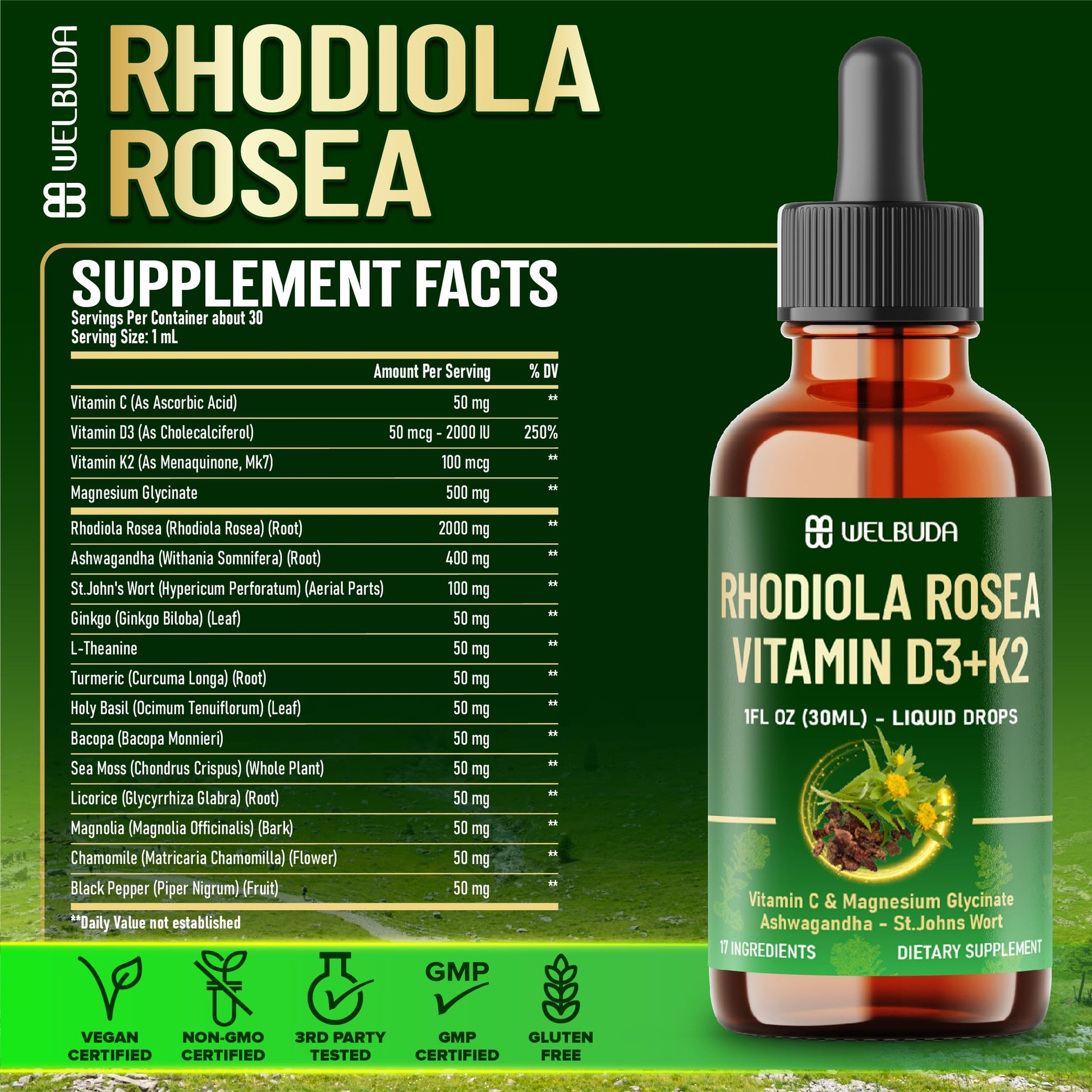 17in1 Rhodiola Rosea Liquid Supplement with Ashwagandha, Magnesium Glycine, L-Theanine, Vitamin C, Vitamin D3, Vitamin K2, Ginkgo, Turmeric, Holy Basil and More - 1 FL Oz - 60 Day Supply WELBUDA uk supplements