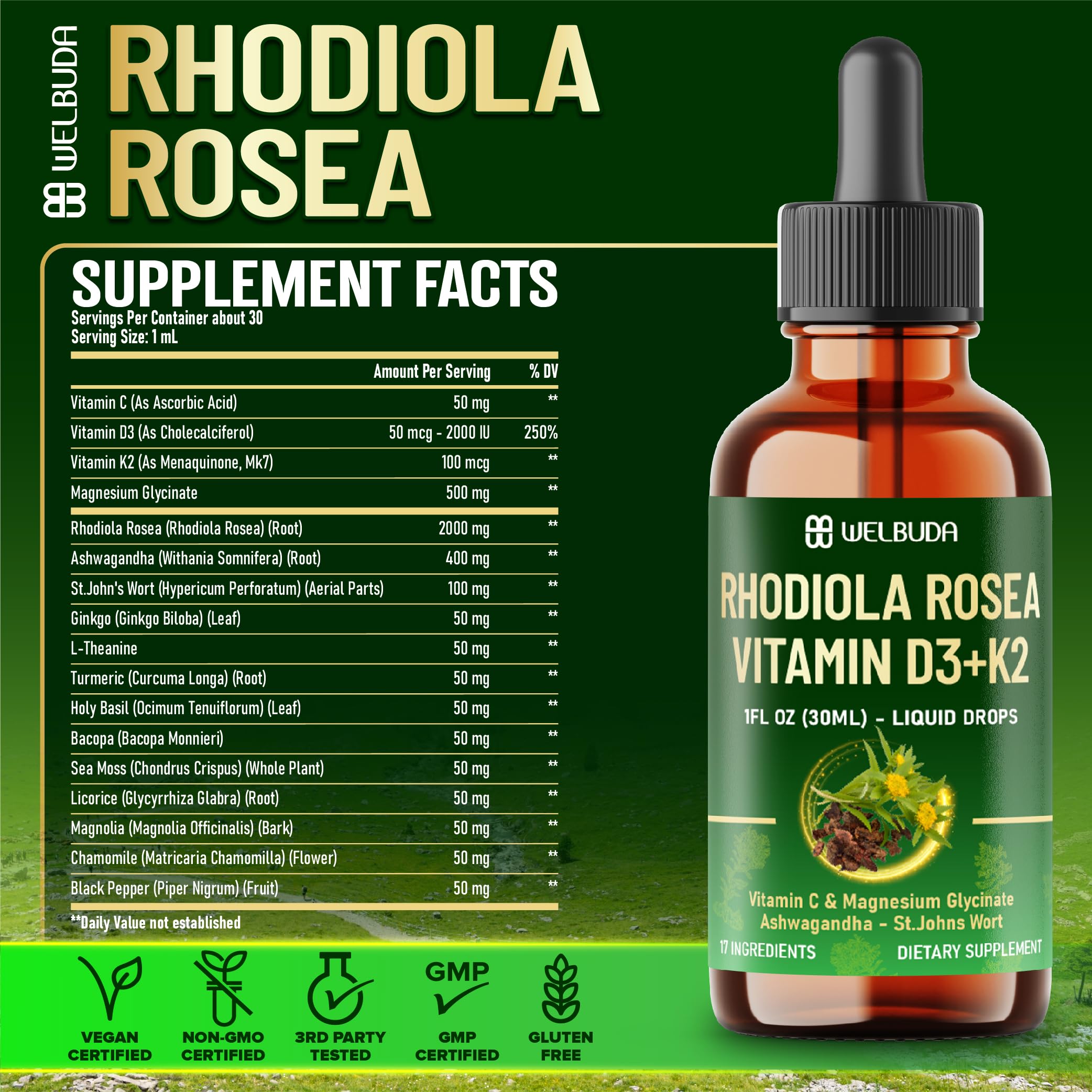 17in1 Rhodiola Rosea Liquid Supplement with Ashwagandha, Magnesium Glycine, L-Theanine, Vitamin C, Vitamin D3, Vitamin K2, Ginkgo, Turmeric, Holy Basil and More - 1 FL Oz - 60 Day Supply WELBUDA uk supplements