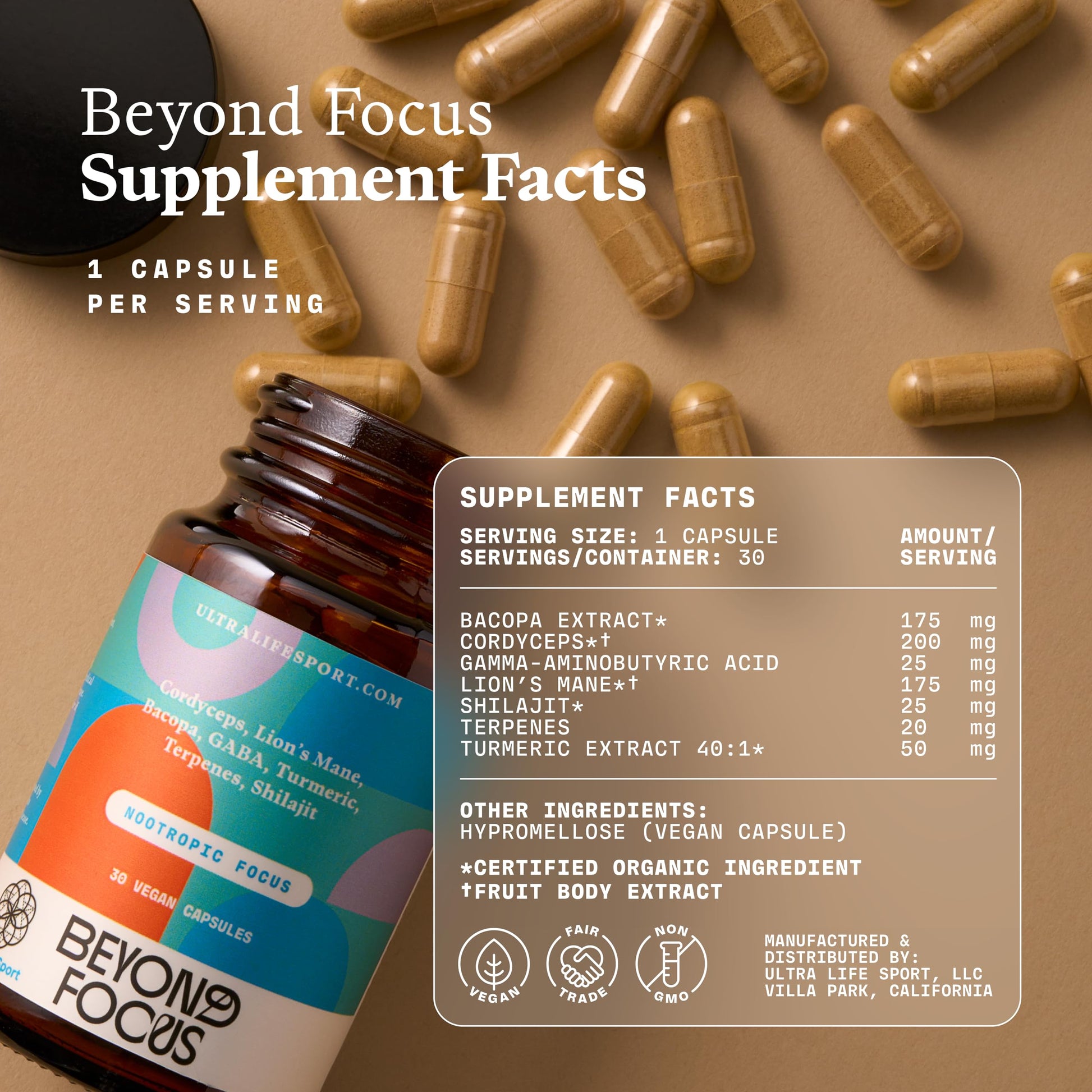 Ultra Life Sport - Beyond Focus Organic Mushroom Supplement - 30 Capsule Brain Supplements for Memory and Focus - 100% Vegan, Non-GMO - Memory Booster with Bacopa, Cordyceps, & Lion’s Mane Ultra Life Sport uk supplements
