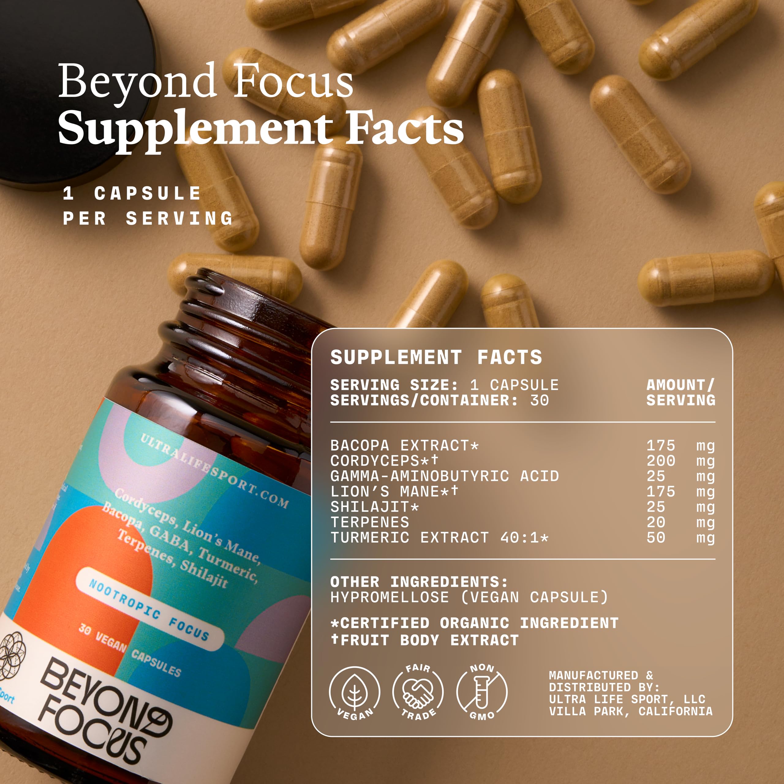Ultra Life Sport - Beyond Focus Organic Mushroom Supplement - 30 Capsule Brain Supplements for Memory and Focus - 100% Vegan, Non-GMO - Memory Booster with Bacopa, Cordyceps, & Lion’s Mane Ultra Life Sport uk supplements