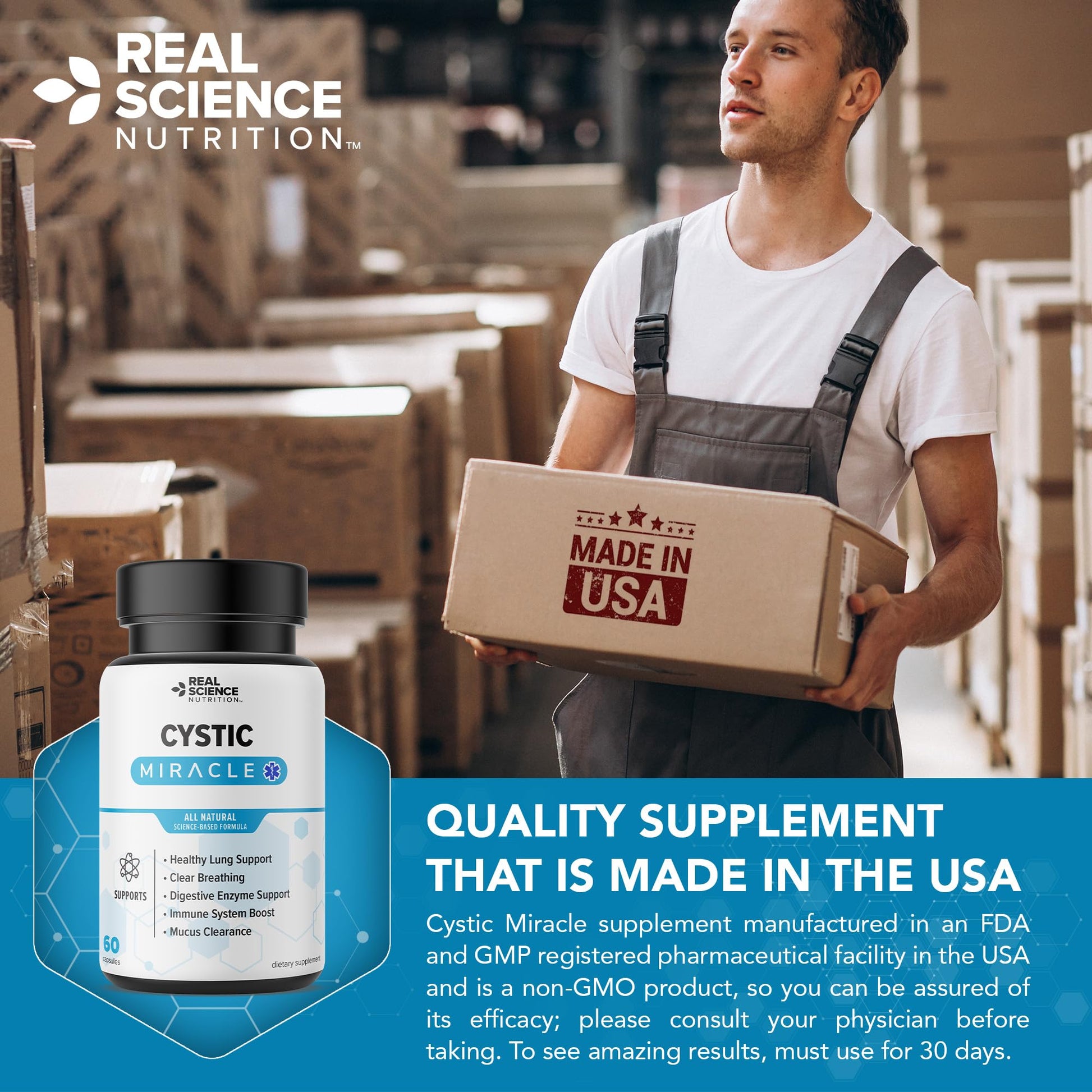 Real Science Cystic Miracle - Lung Support Supplement for Breathing Support and Mucus Clearance – with Vinitrox & GABA to Help Clear Lungs and Aid Respiratory Health, Made in USA, 60 Caps Real Science Nutrition uk supplements