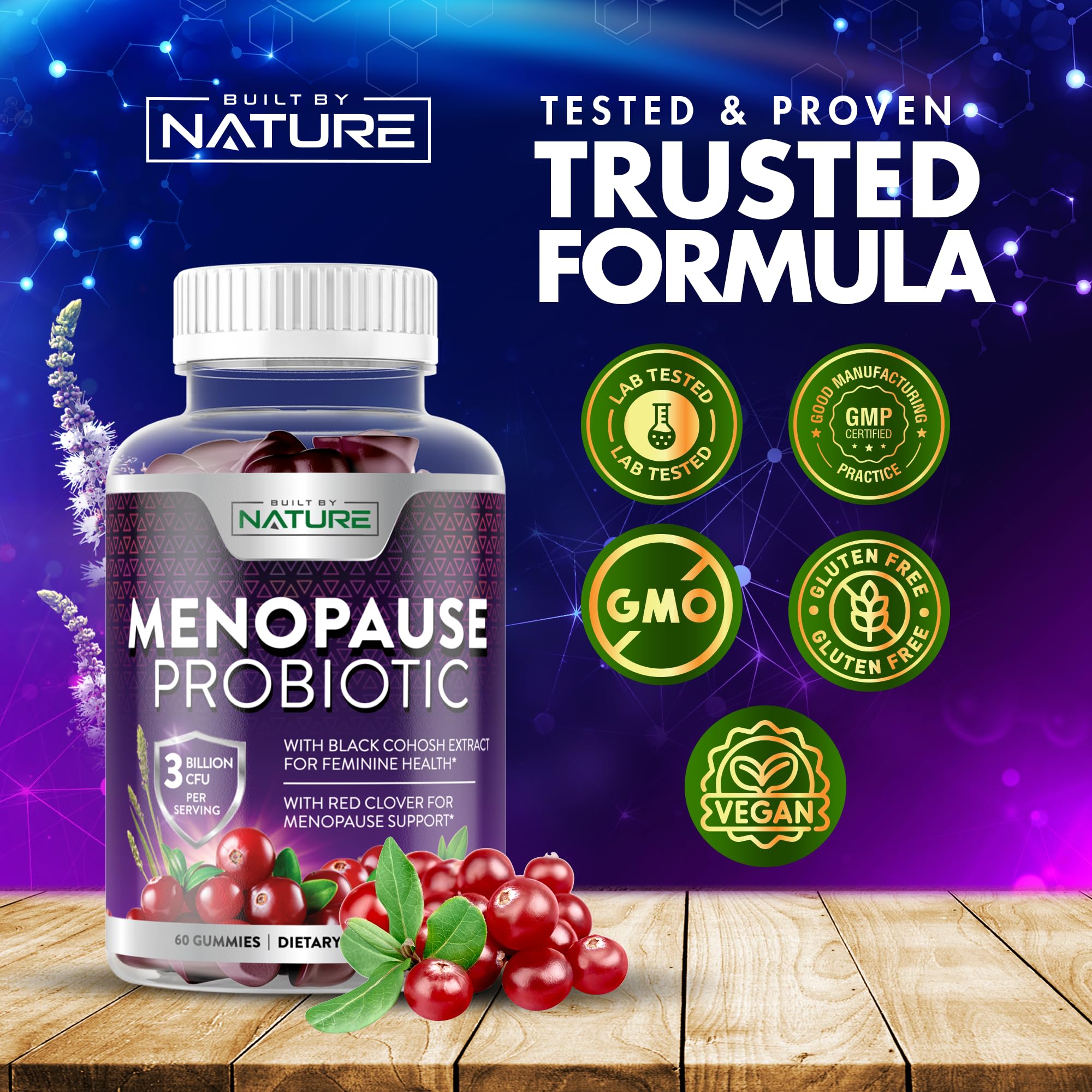Menopause Supplements for Women - Menopause Probiotic Gummy - Women’s Menopause Relief for Hot Flashes, Night Sweats & Mood Swings with Black Cohosh & Cranberry - Non-GMO, Vegan - 60 Gummies Built by Nature uk supplements