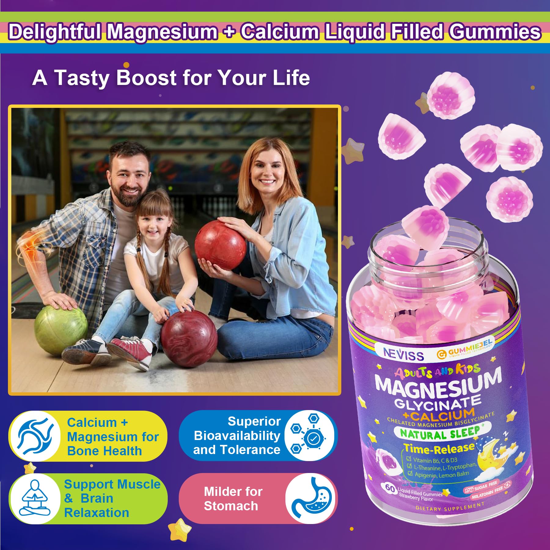 Neviss Magnesium Glycinate + Calcium Filled Gummies for Adults and Kids 4+, Kids Sleep Gummies Melatonin Free, Sugar Free Magnesium Supplement with B6 D3,