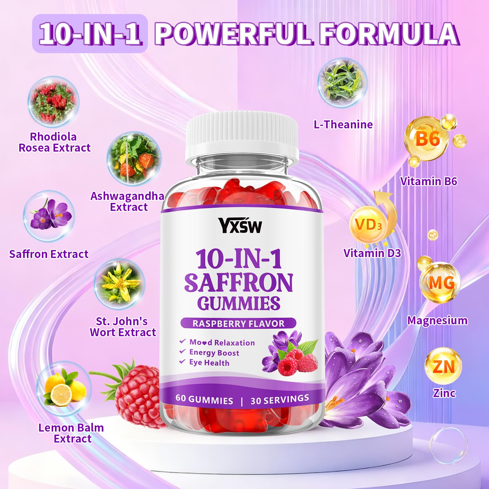 YXSW Saffron Gummies, Saffron Supplements for Kids & Adults with Ashwagandha, L-Theanine, Lemon Balm, Vitamin D3, B6, Magnesium & Zinc - Support Focus, Relaxation, Raspberry Flavor, 120 Count YXSW uk supplements