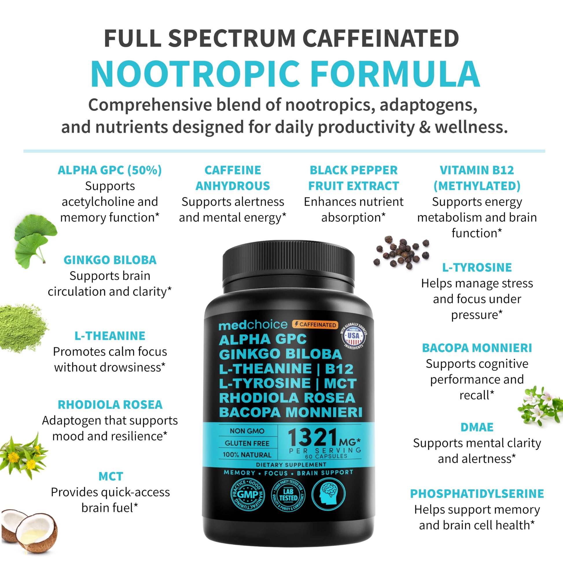 12-in-1 Nootropic Brain Supplement with Caffeine Anhydrous: Ginkgo Biloba for Brain Support, Memory and Focus - B12, Alpha GPC, L Theanine and Choline Supplements with Bioperine with 1321mg (60ct) MEDCHOICE uk supplements