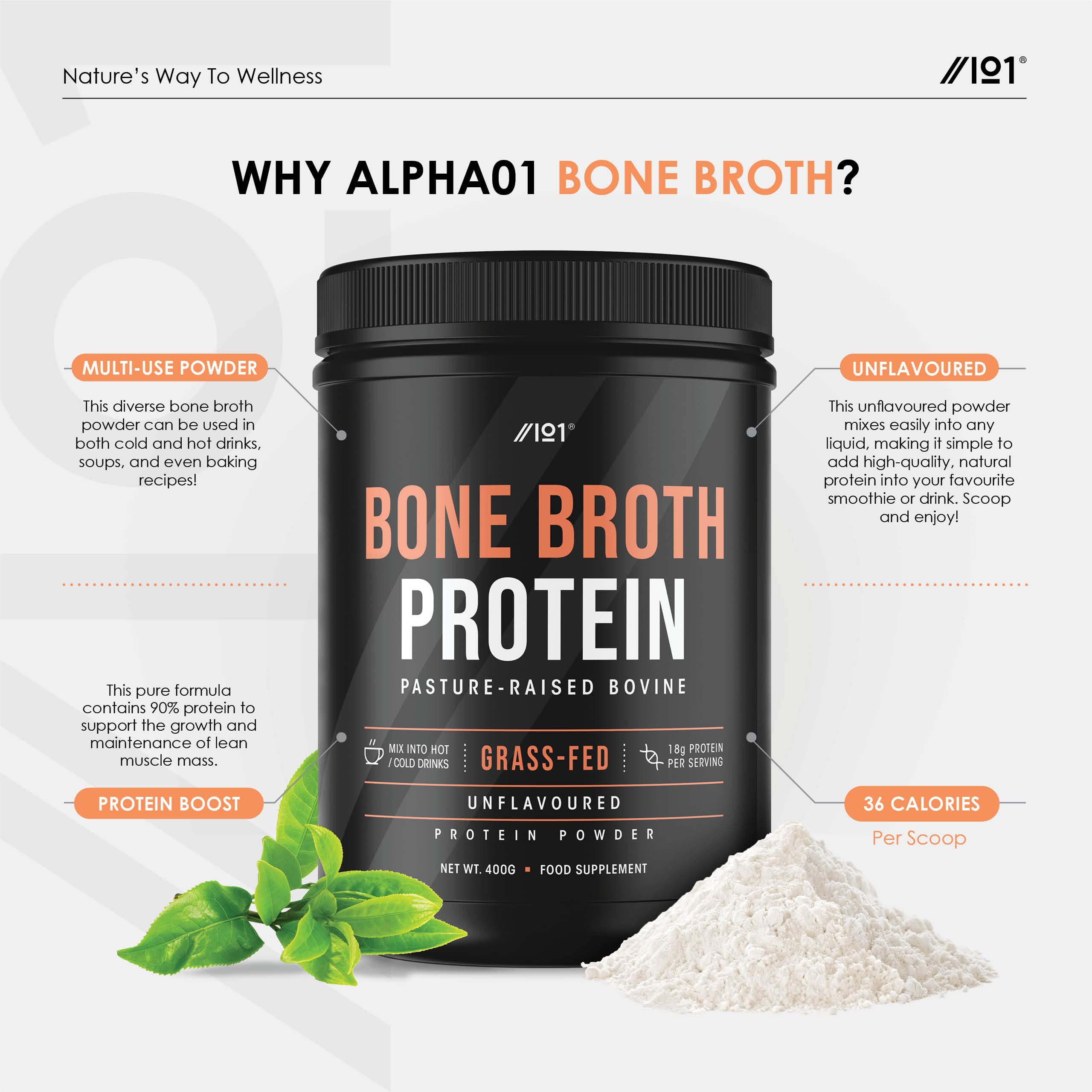 Bone Broth Beef Protein Powder - 400g - Unflavoured - 100% Grass-Fed & Pasture Raised Beef ALPHA01 uk supplements