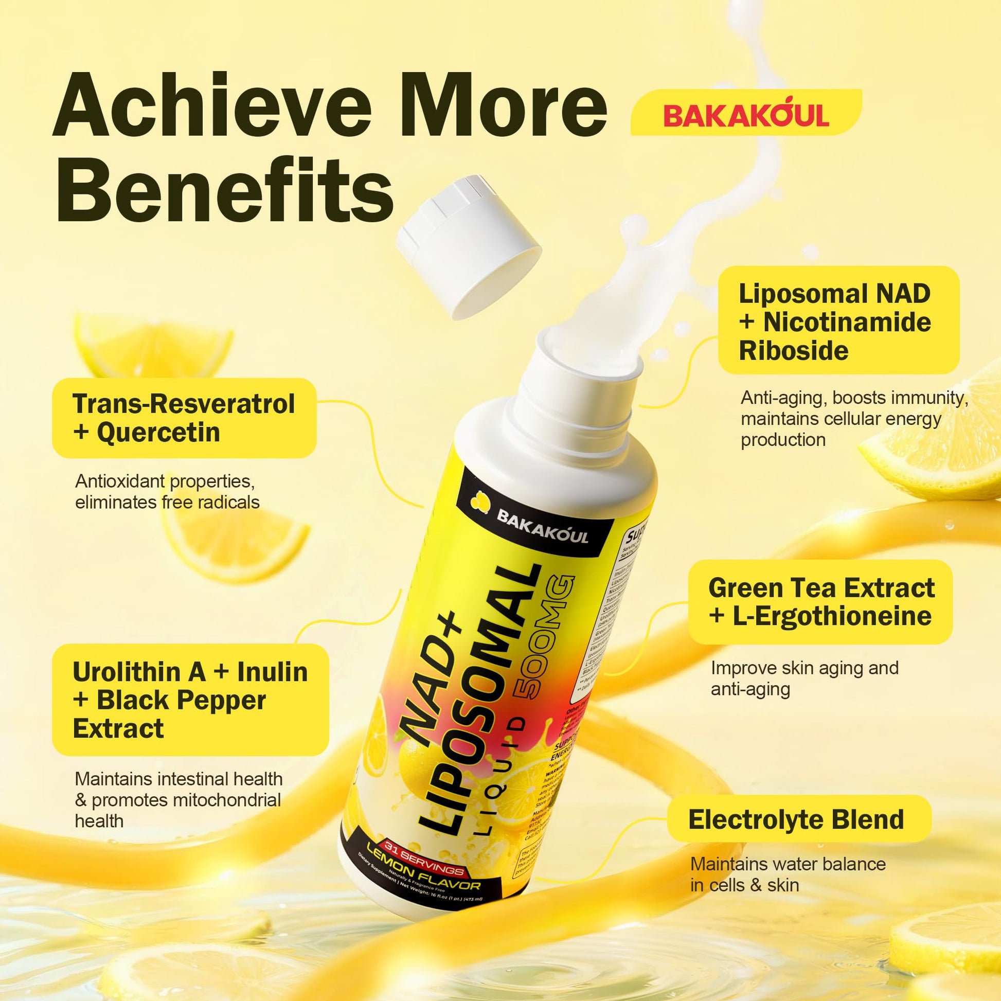 Liposomal NAD+ Liquid Supplement - Designed to Help Support Absorption - Nhanced Cellular Uptake, Helps Support Normal Cellular Health, Supports Cellular Energy Metabolism and Vitality - Lemon Flavor BAKAKOUL uk supplements