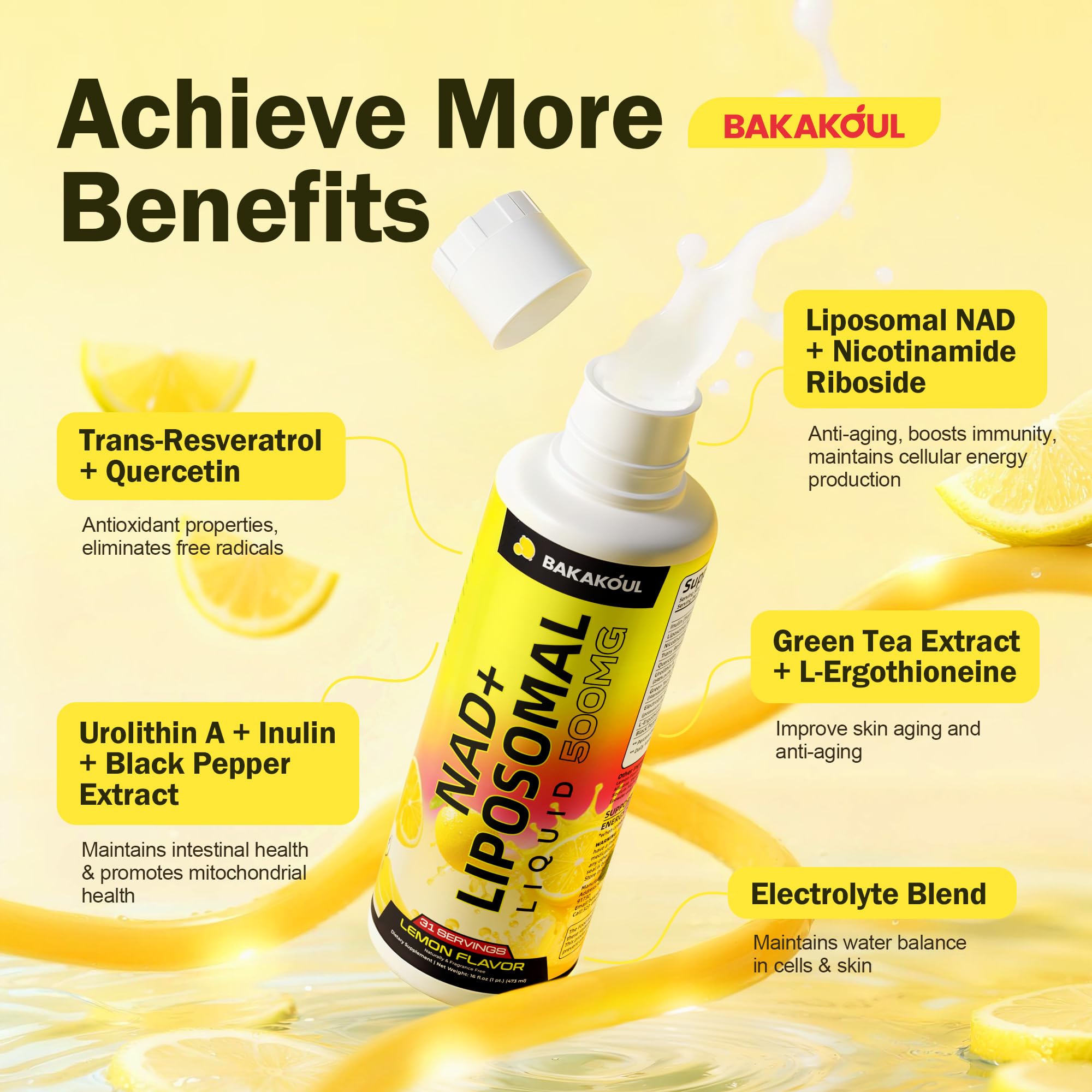 Liposomal NAD+ Liquid Supplement - Designed to Help Support Absorption - Nhanced Cellular Uptake, Helps Support Normal Cellular Health, Supports Cellular Energy Metabolism and Vitality - Lemon Flavor BAKAKOUL uk supplements
