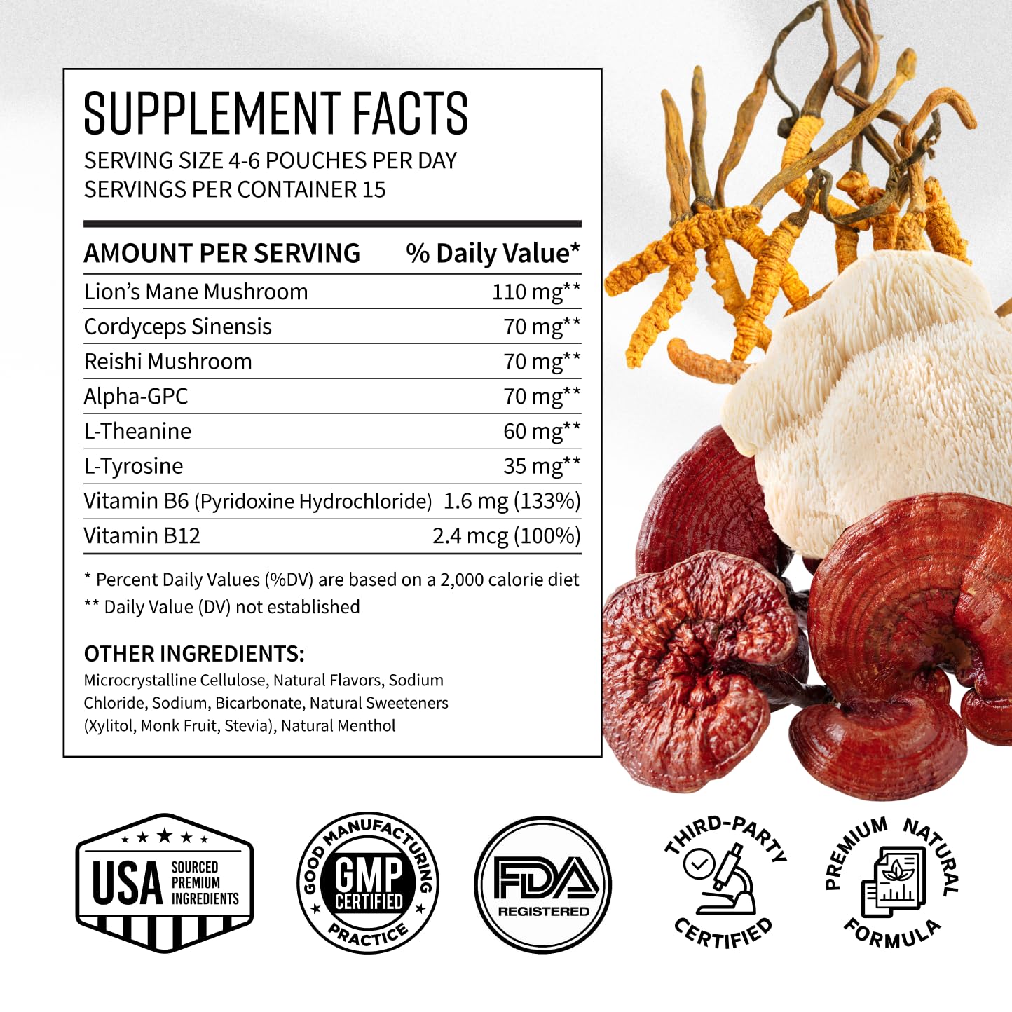 Adaptogen Mushroom Nootropic Pouches (4 Pack Bundle) - 250mg Mushroom Blend + 165mg Energy Blend, Nicotine Free & Caffeine Free, Ultra Pouch with Lion's Mane, Cordyceps, Reishi, Alpha-GPC, L-Theanine GGGJ uk supplements