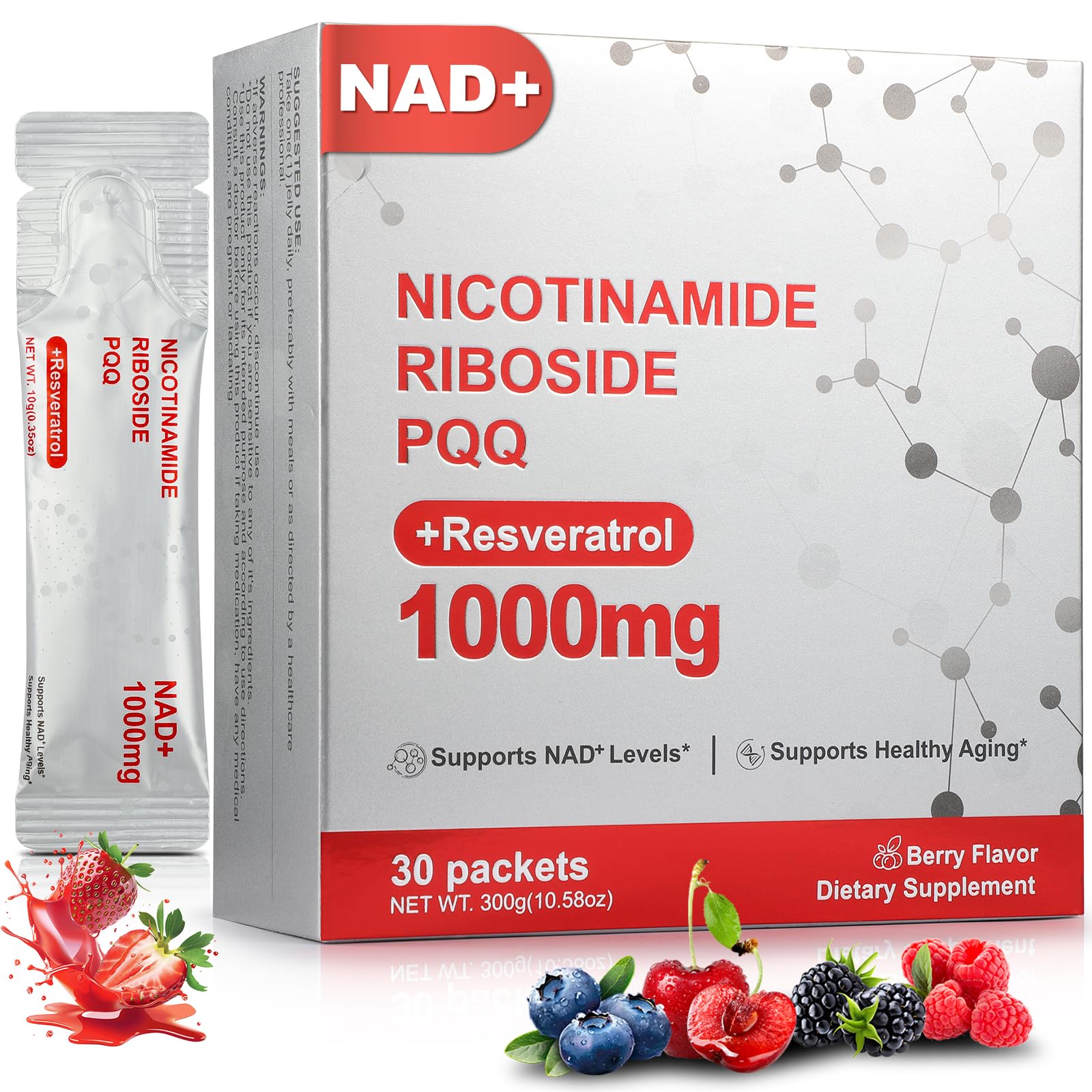 Zooone NAD+ Liquid Supplement 1000mg, Nicotinamide Riboside & Resveratrol, Extra Strength Berry Flavor Drink Mix for Energy, Focus & Anti-Aging -30 Pack Zooone uk supplements