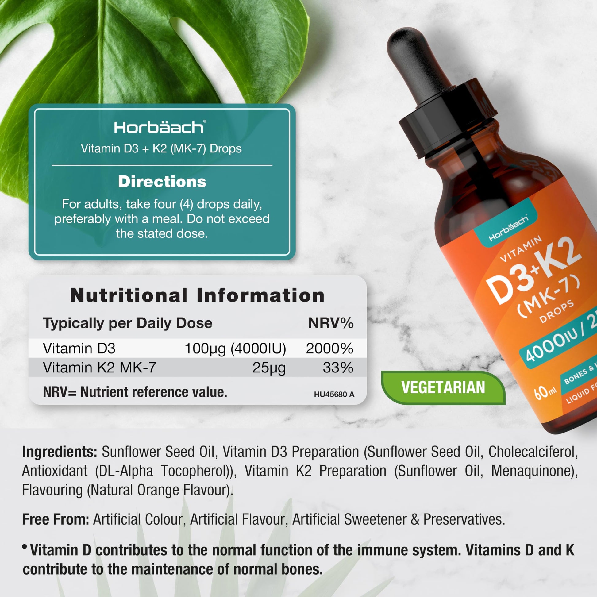Vitamin D3 K2 Drops | 60mL | High Strength Vitamin D3 4000iu and K2 25ug | No Artificial Horbäach uk supplements