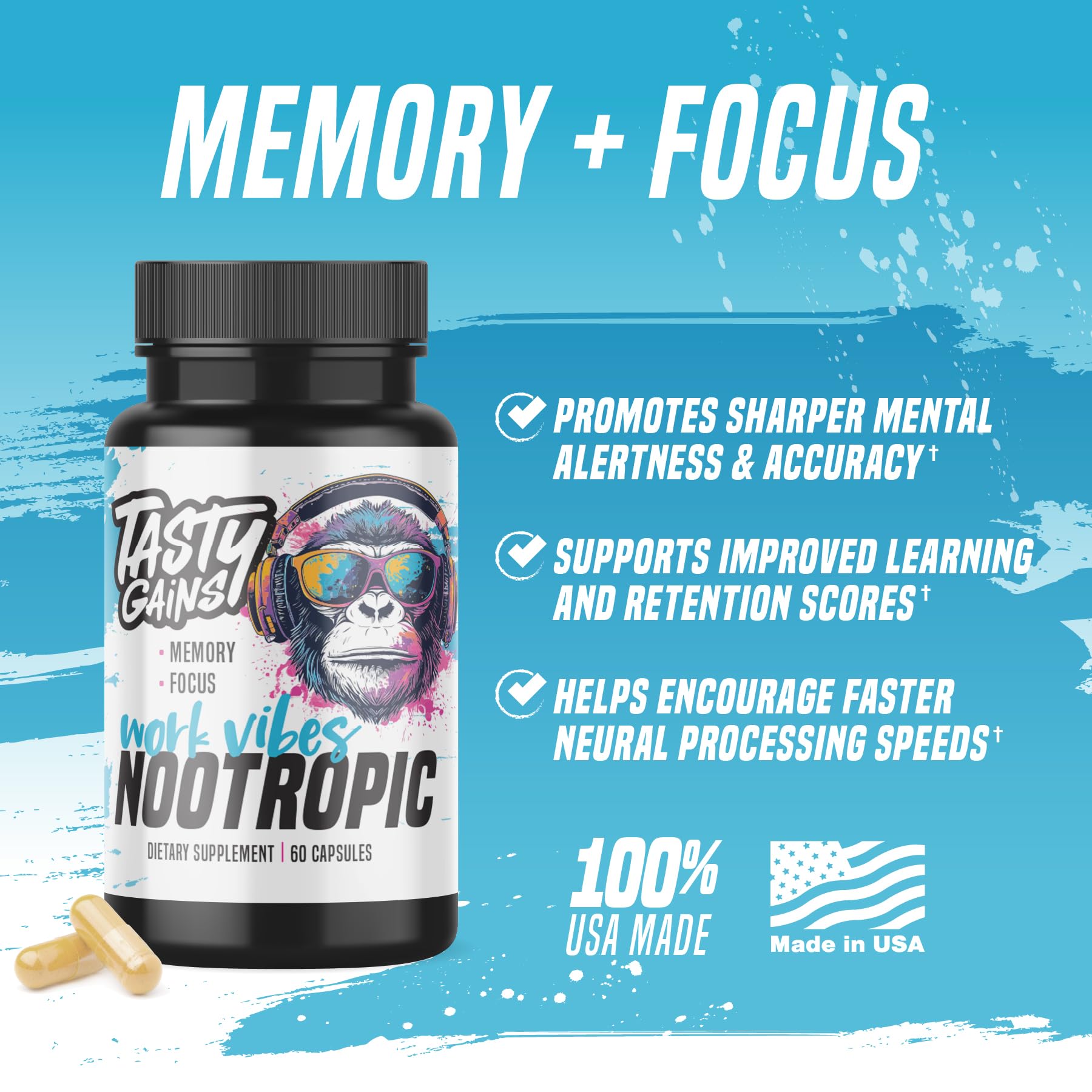 Nootropic Brain Supplement for Memory and Focus - Vitamin for Mental Health & Brain Health with L-Theanine, Rhodiola Rosea & Phosphatidylserine - Memory, Mental Clarity & Cognitive Improvement - 60 Ct TASTY GAINS uk supplements