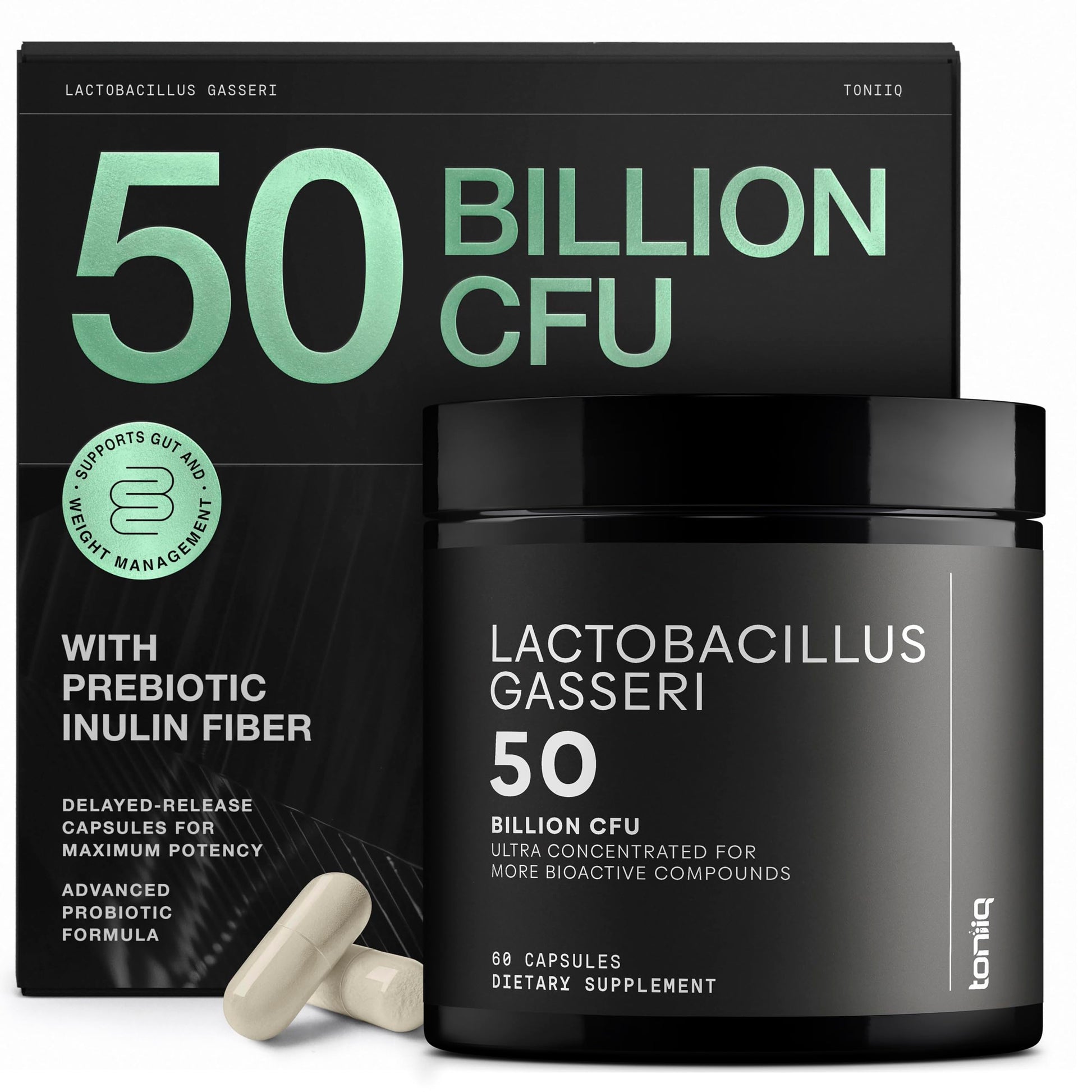 Lactobacillus Gasseri - Ultra High Strength 50 Billion CFU - Delayed Release Capsules - Made with Prebiotic Inulin Fiber - Supports Digestive Health & Gut Flora - Third-Party Lab Tested - 60 Capsules Toniiq uk supplements