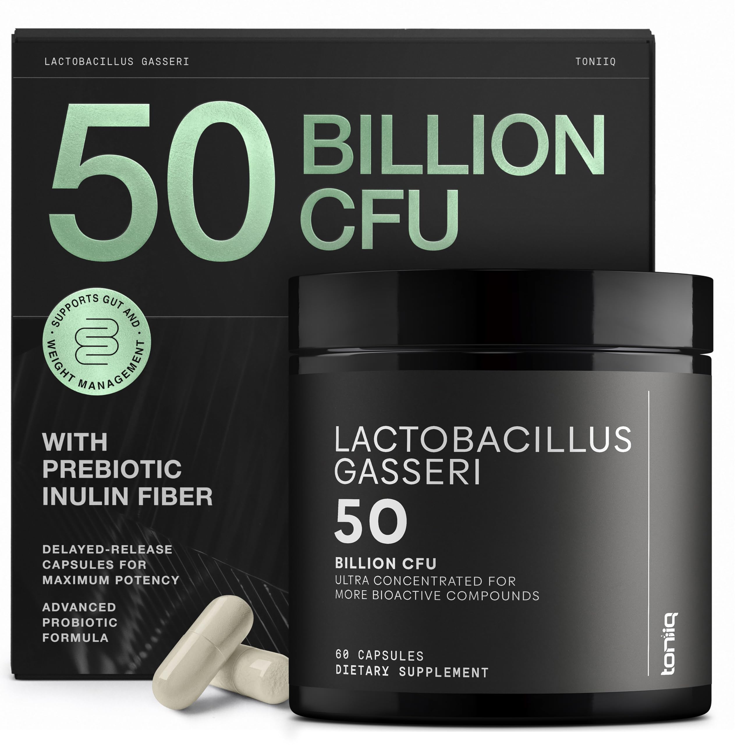Lactobacillus Gasseri - Ultra High Strength 50 Billion CFU - Delayed Release Capsules - Made with Prebiotic Inulin Fiber - Supports Digestive Health & Gut Flora - Third-Party Lab Tested - 60 Capsules Toniiq uk supplements