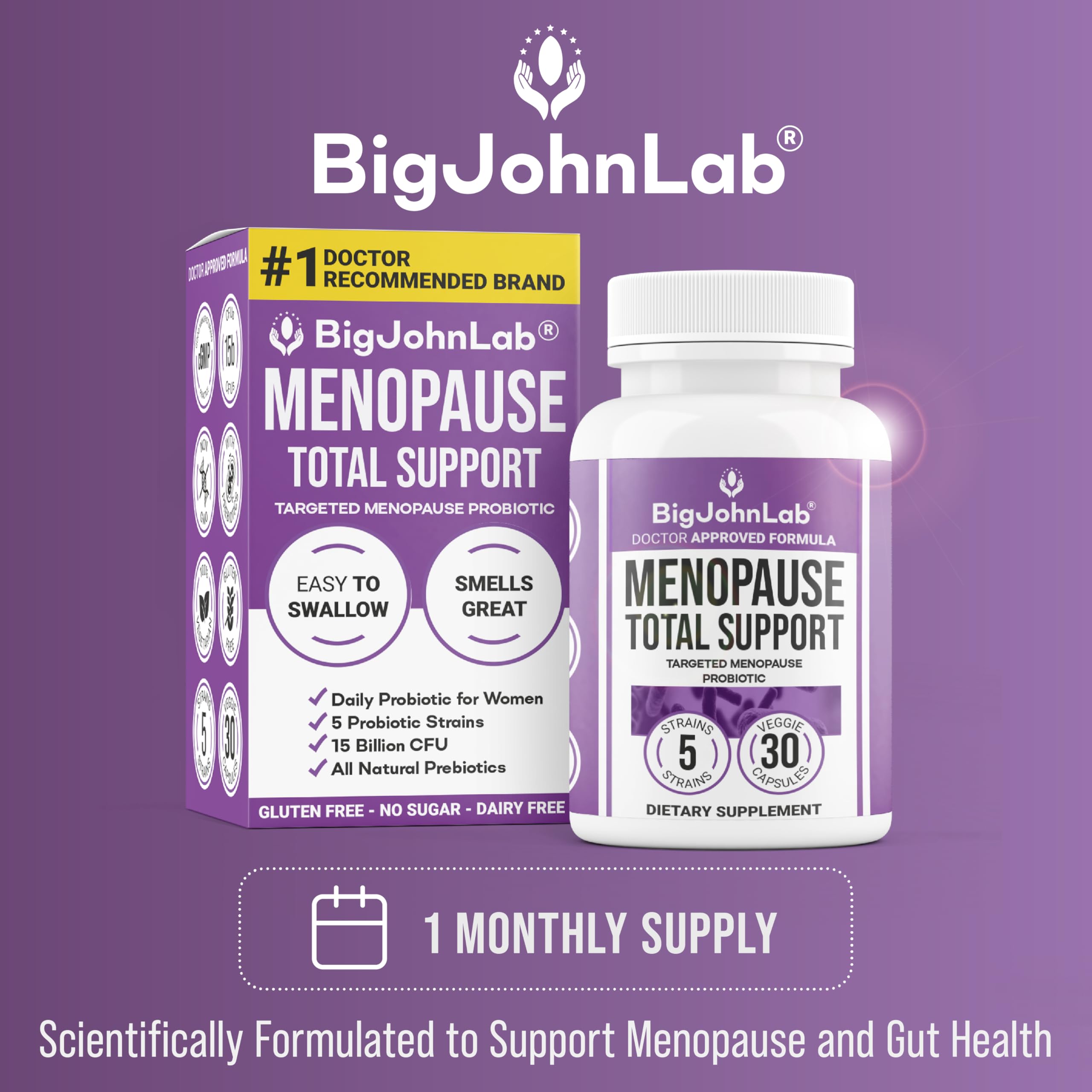 BIGJOHNLAB® - Menopause Total Support – Advanced Probiotic Formula with 5 Strains & 15 Billion CFU, Resveratrol, Black Cohosh, Acacia Fiber, Non-GMO & 100% Vegetarian BIGJOHNLAB uk supplements