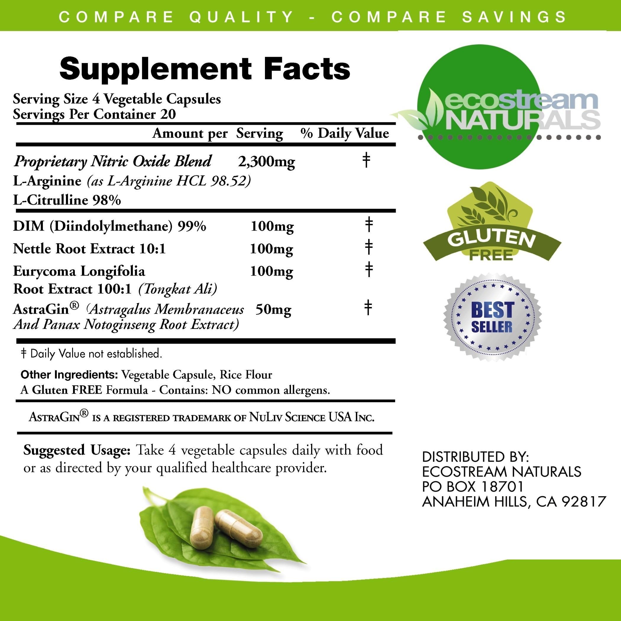 ecostream Naturals MAX 2650mg Nitric Oxide Booster L-Arginine - L-Citruline and Astragin - Time Release 2650 MAX Formula ecostream Naturals uk supplements