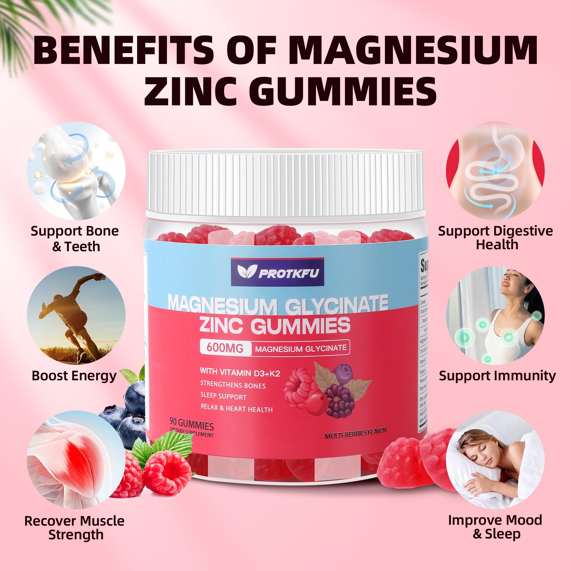 90 CT Magnesium Glycinate Gummies 600mg, Sugar Free Magnesium Gummies w/Zinc & Vitamin D3 & K2 - Magnesium Supplements for Sleep, Supports Bone Health, Nerve & Immune Function ProTKFU uk supplements