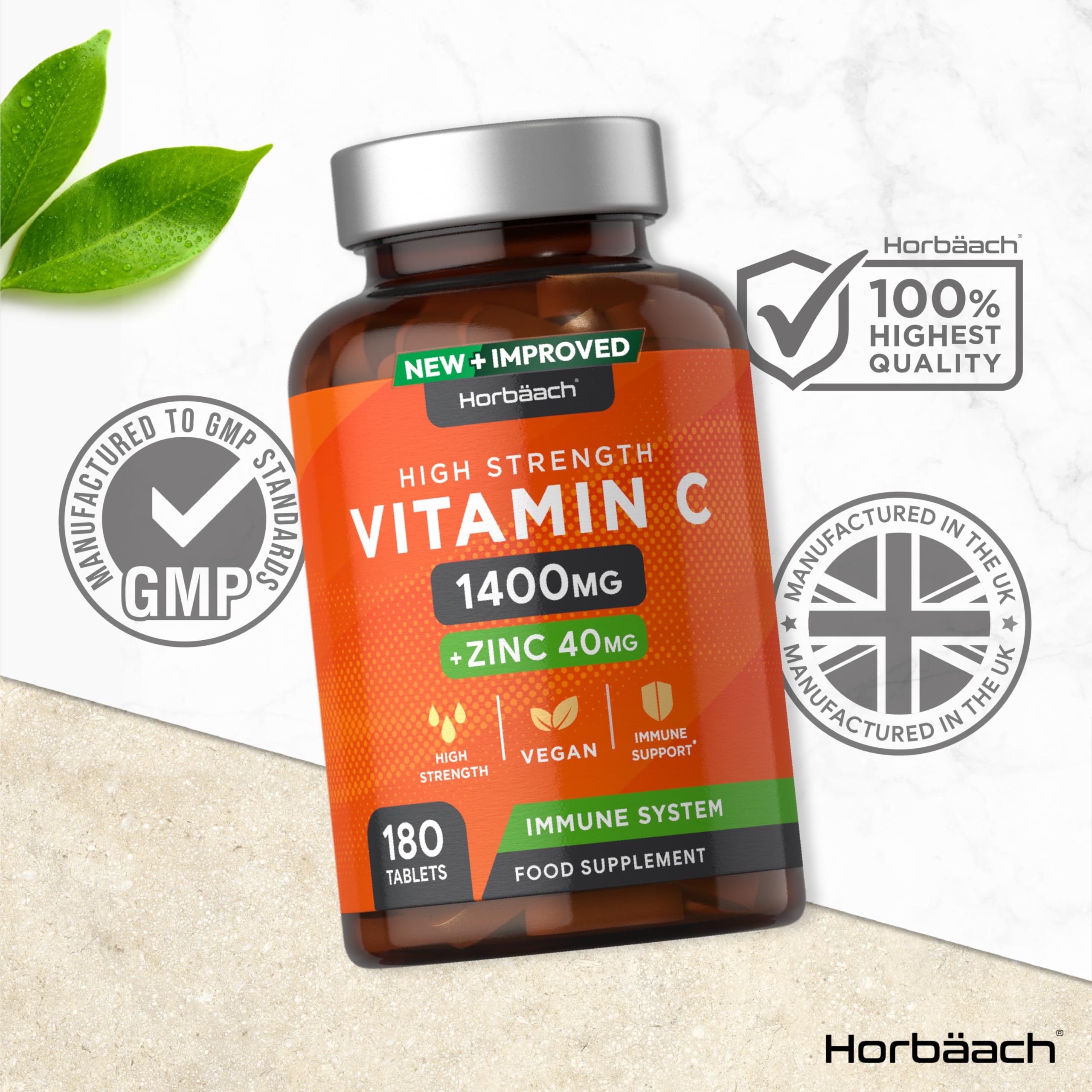 Vitamin C and Zinc | 180 Vegan Tablets | High Strength Vitamin C 1400mg and Zinc 40mg Horbäach uk supplements