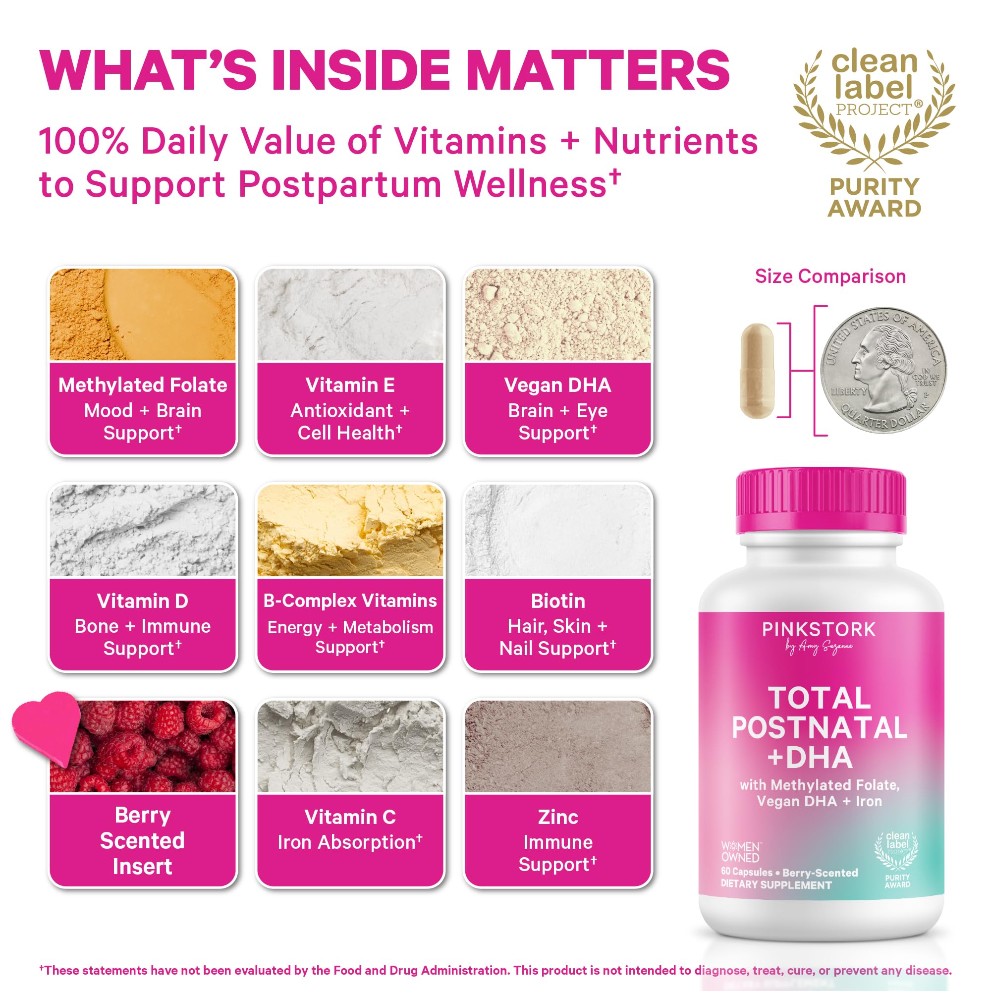 Pink Stork Total Postnatal Vitamins for Women | Vegan DHA, Iron, Folate, B12 | Postpartum Recovery Essentials | Lactation Support for Breastfeeding Moms | Third-Party Tested - 60 Capsules, Berry Pink Stork uk supplements