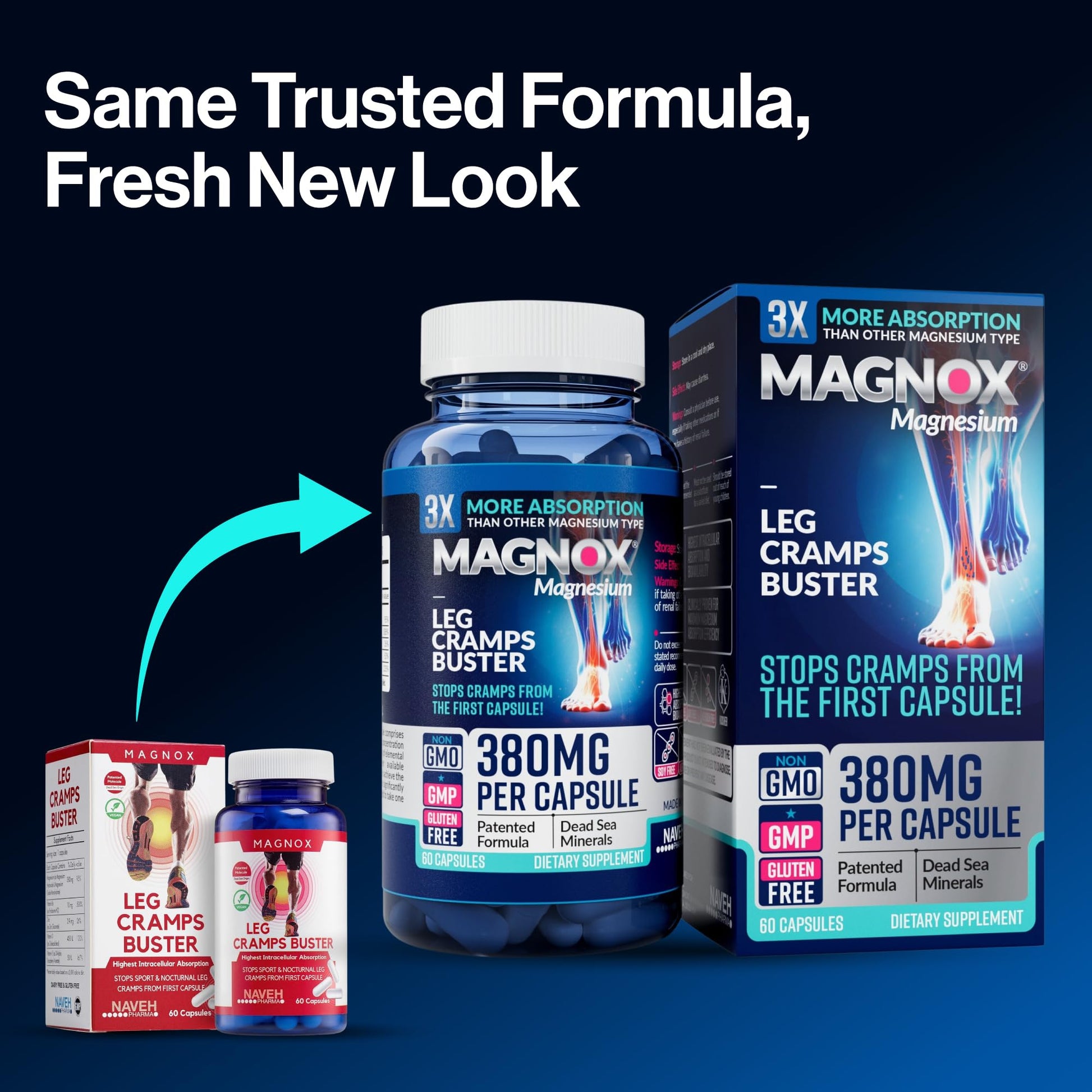 MAGNOX® Buster | Patented Clinically Tested 380mg Magnesium Supplement for Spasms & Leg Cramps at Night | One Capsule a Day for Almost Full Dosage | 3X More Absorption | Dead Sea Minerals (60 Caps) MAGNOX uk supplements