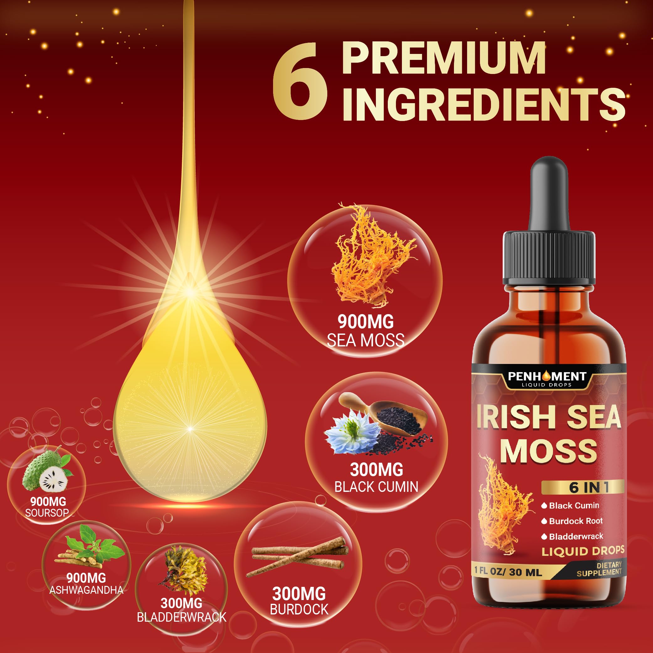 Penhoment 6in1 Sea Moss Drops with Black Seed Oil Irish Seamoss, Ashwagandha, Burdock Root & Bladderwrack - 1FL Oz - 30 Day Supply Penhoment uk supplements