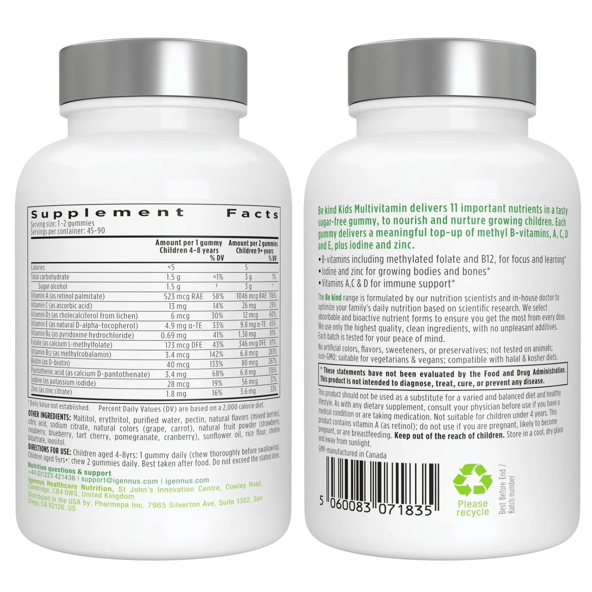 Igennus Methylated Kids Multivitamin Gummy, MTHFR, No Artificial Sweeteners or Flavors, Sugar Free, Age 4+, 90 Natural Berry Flavor Gummies Igennus Healthcare Nutrition uk supplements