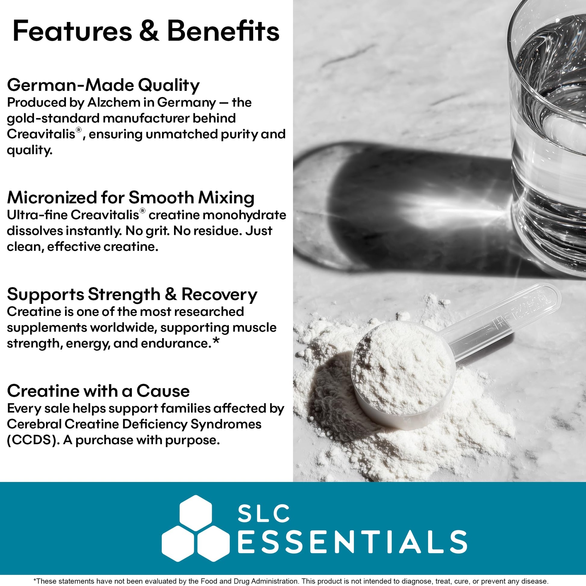 SLC Essentials Creatine Monohydrate Powder | 100% Pure Micronized Creavitalis® | German-Made | Unflavored, No Fillers | Supports Muscle Strength, Recovery, & Cognitive Energy | 5g Servings SLC Essentials uk supplements