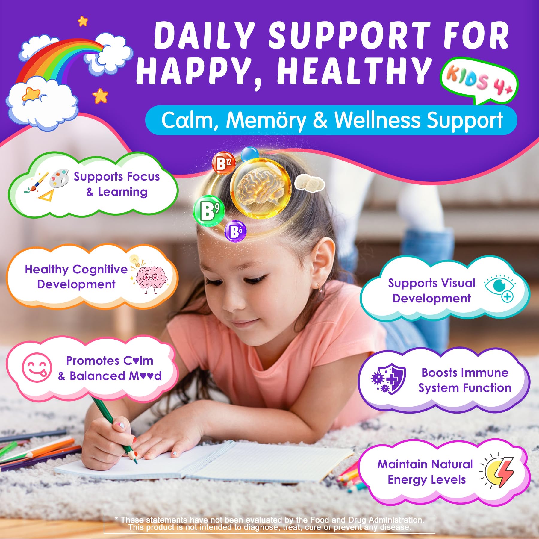 Kids Brain Gummies with Lion's Mane Mushroom, Methyl B6, B9, B12, Supper Greens, Lutein, Brain Booster Supplement for Focus & Attention, Cognitive Function, Vision & Energy, Sugar Free, Vegan 2 Pack Nextdia uk supplements