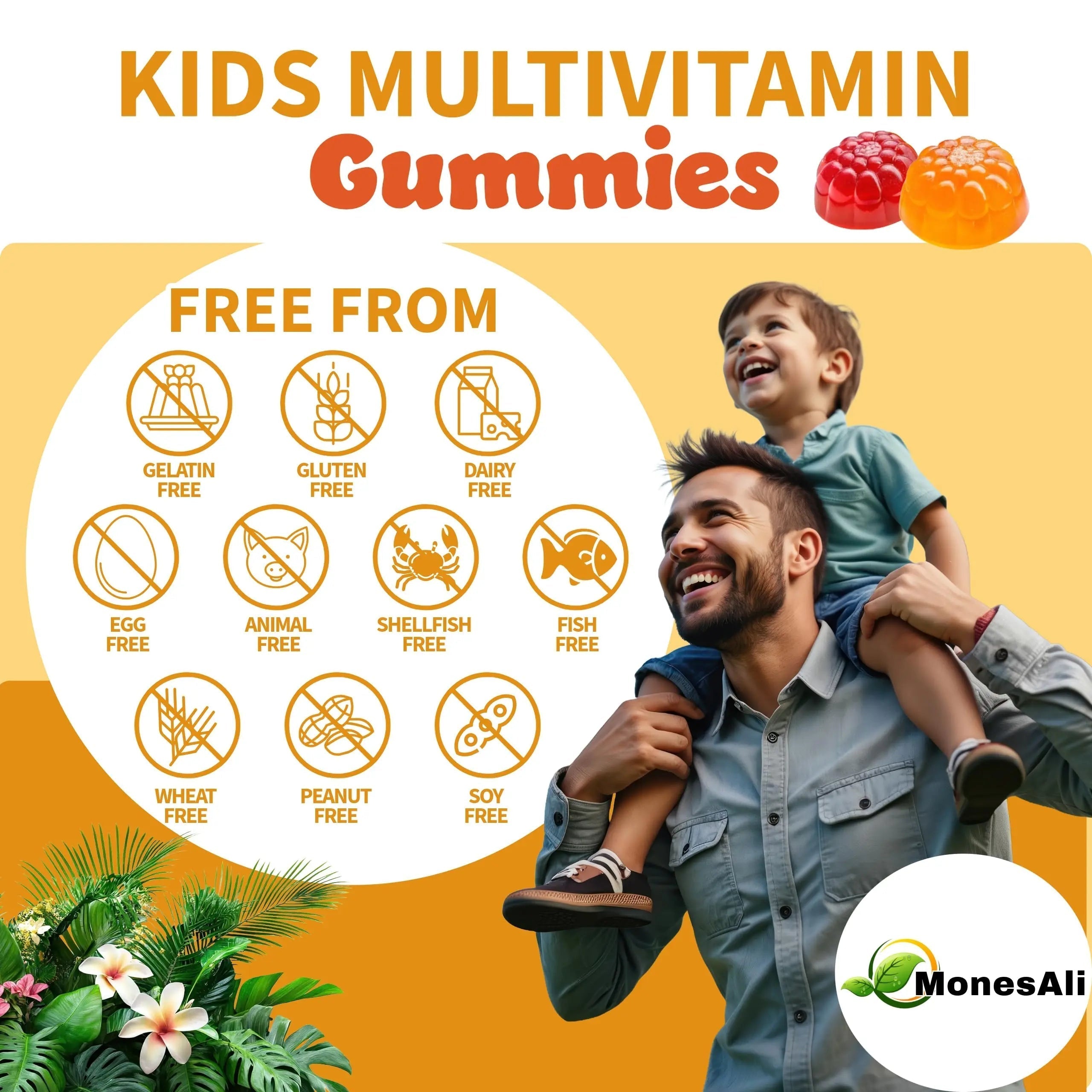 MonesAli Kids Multivitamin Gummies with Iron & Probiotics – Vegan, Gelatin-Free, Halal, Orange & Strawberry Flavors, 90 Count MonesAli uk supplements