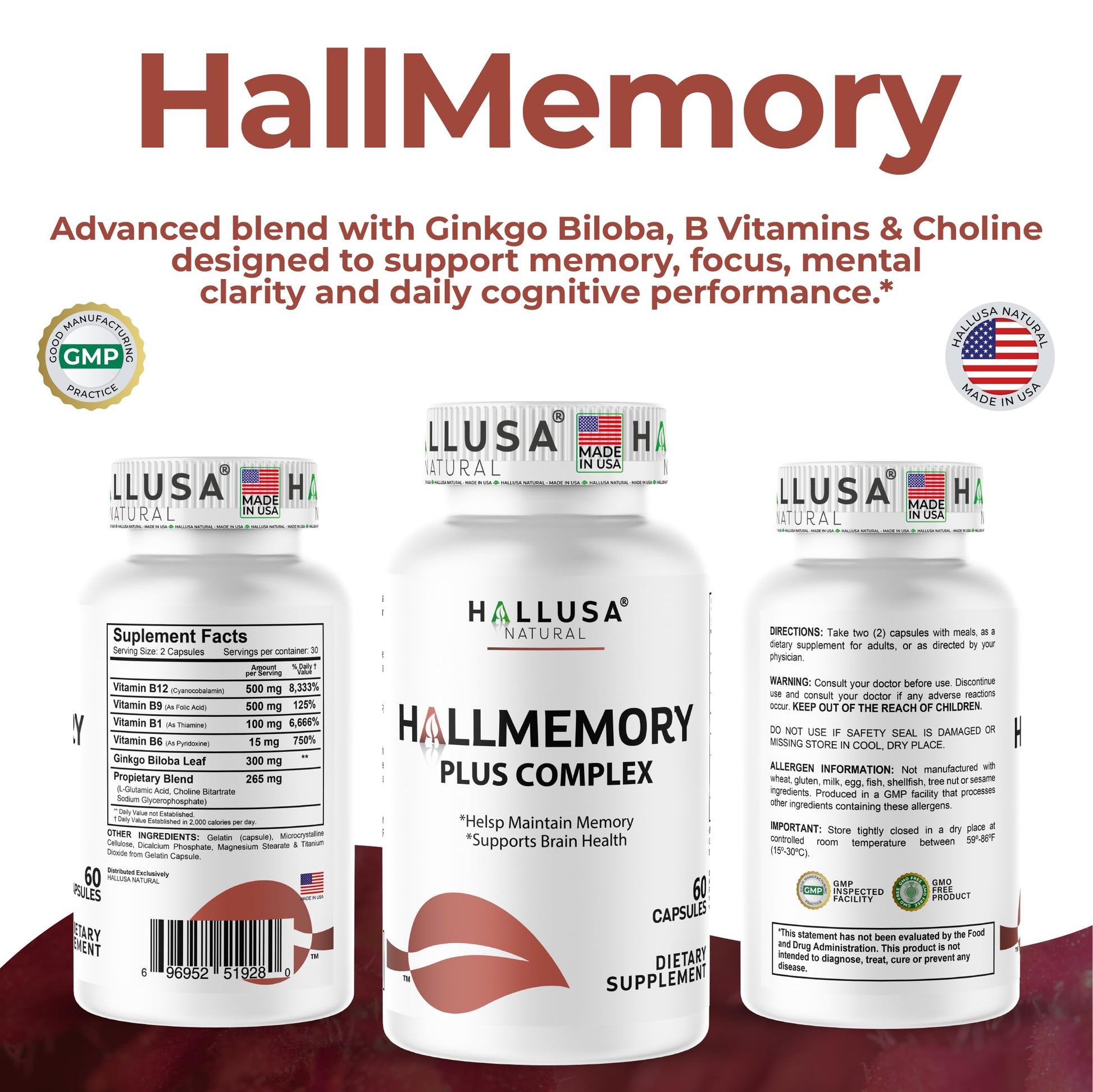 Hallusa Natural Brain Health Supplement Capsules 1680mg, Ginkgo Biloba, B Vitamins & Choline, Memory & Focus Support, Brain Booster for Men & Women, 60 Count Hallusa Natural uk supplements