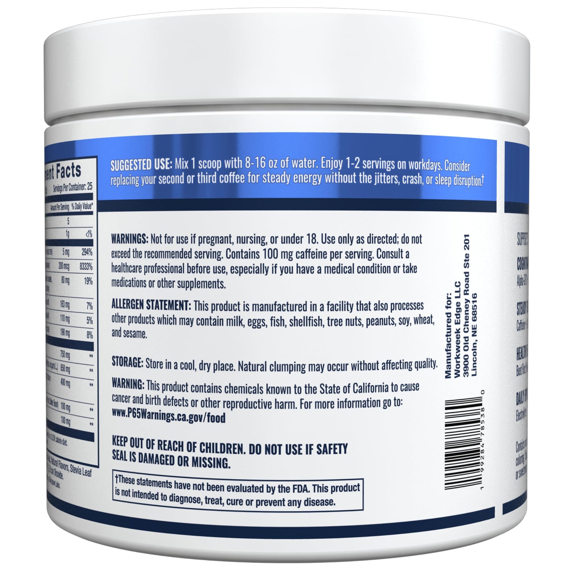 Workweek Edge Focus & Energy Drink Mix Powder – Zero Sugar, 100mg Caffeine + L-Theanine + L-Tyrosine Calm Nootropic Supplement for Steady Focus & Clean Energy – (25 Servings) Workweek Edge uk supplements