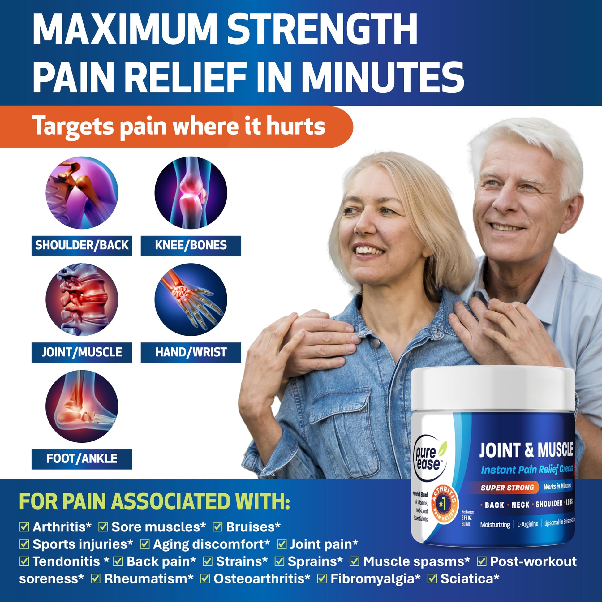 Pure Ease Arthritis Pain Relief Cream for Back 3 in 1 Maximum Instant Relief 2 OZ - Fast-Acting Muscle Pain Cream Extra Strength Joint & Knee - Powerful Formula for Neck Shoulder & Lower Back Pure Ease uk supplements