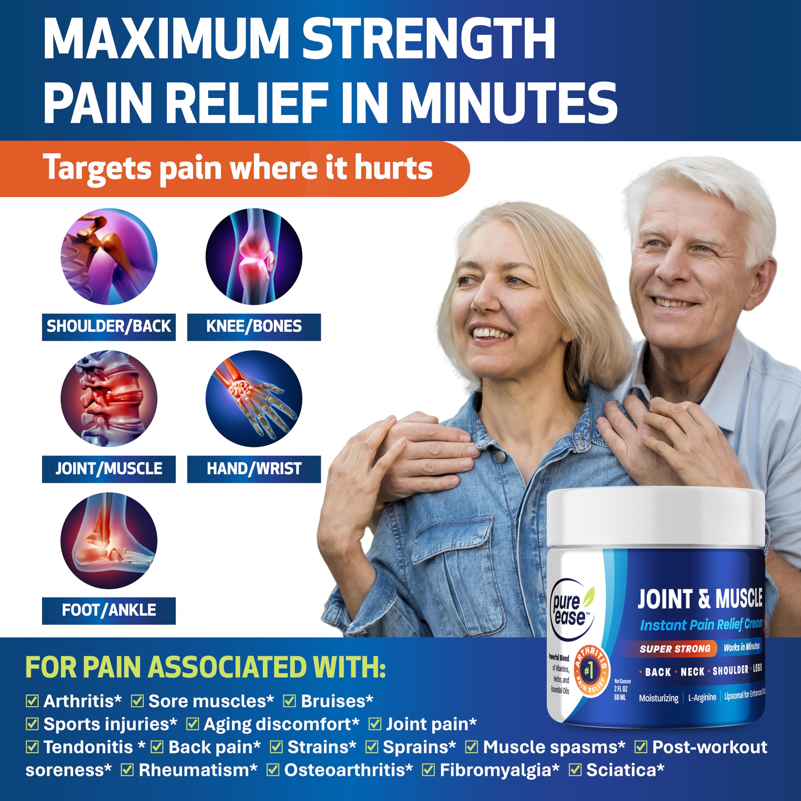 Pure Ease Arthritis Pain Relief Cream for Back 3 in 1 Maximum Instant Relief 2 OZ - Fast-Acting Muscle Pain Cream Extra Strength Joint & Knee - Powerful Formula for Neck Shoulder & Lower Back Pure Ease uk supplements