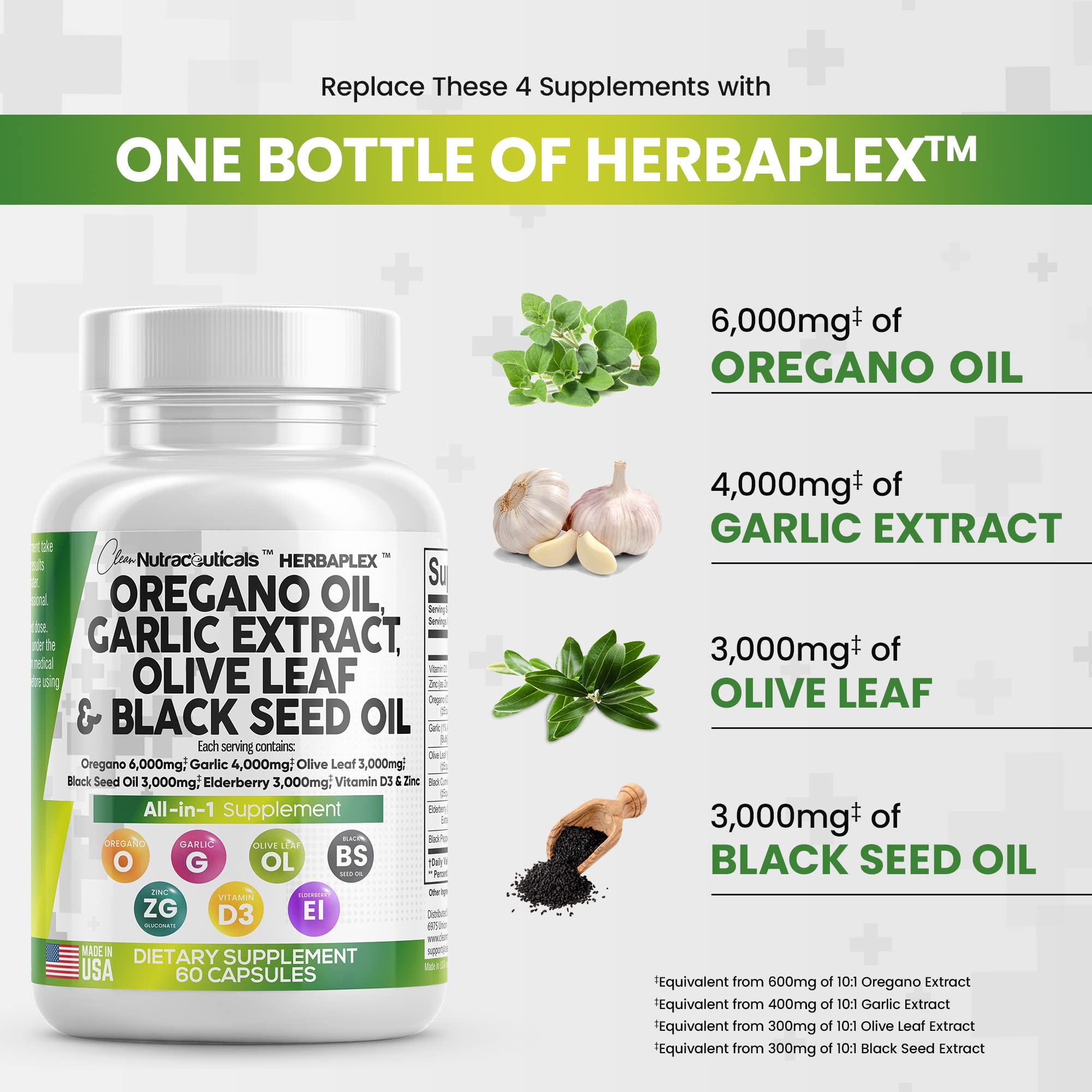 Oregano Oil 6000mg Garlic Extract 4000mg Olive Leaf 3000mg Black Seed Clean Nutraceuticals uk supplements