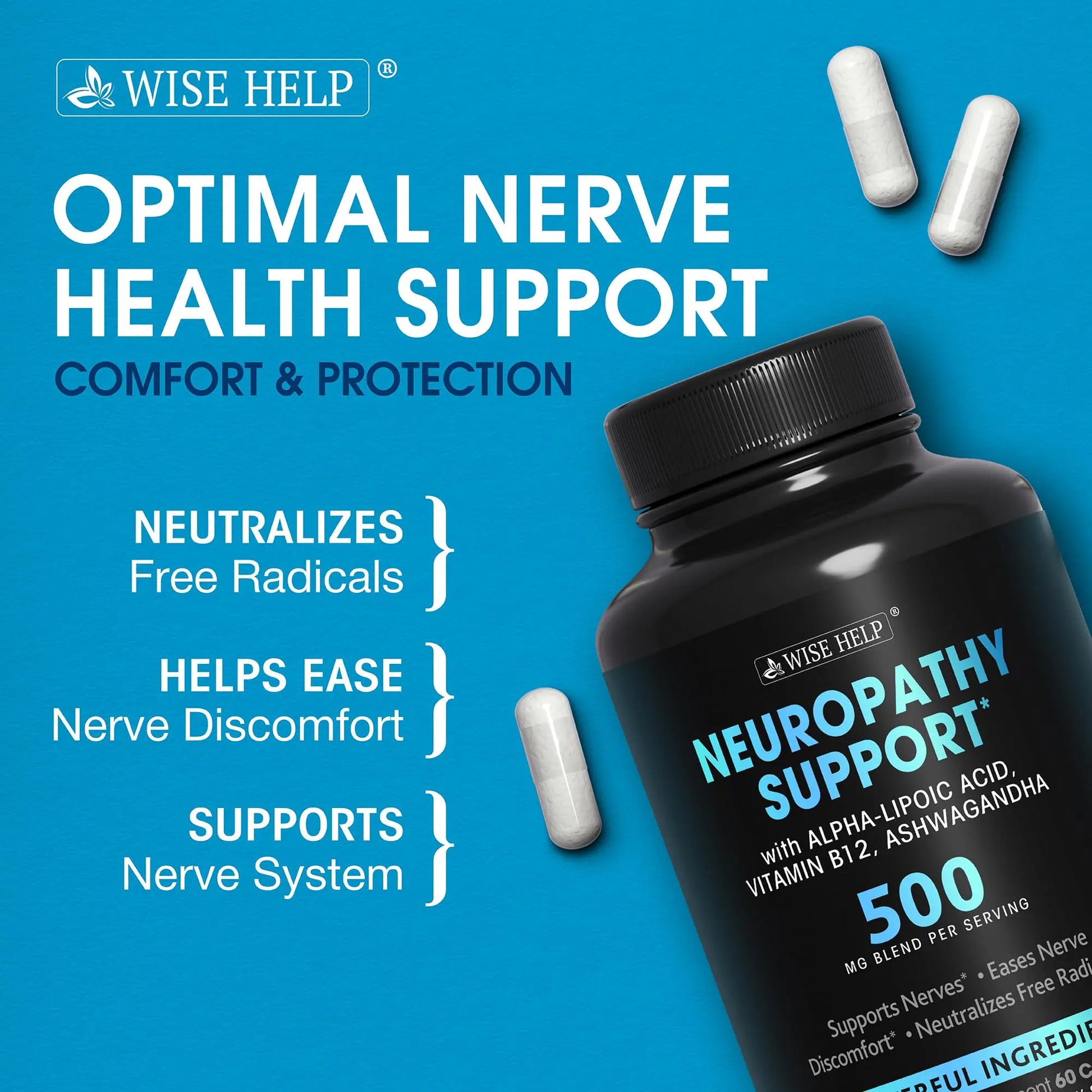 Neuropathy Support Natural Nerve Discomfort Relief - Made in USA - Nerve Antioxidant for Trigeminal Neuralgia, Diabetic & Peripheral Neuropathy - Hands, Neck, Feet & Toes Treatment Formula - 60 Caps WISEHELP uk supplements