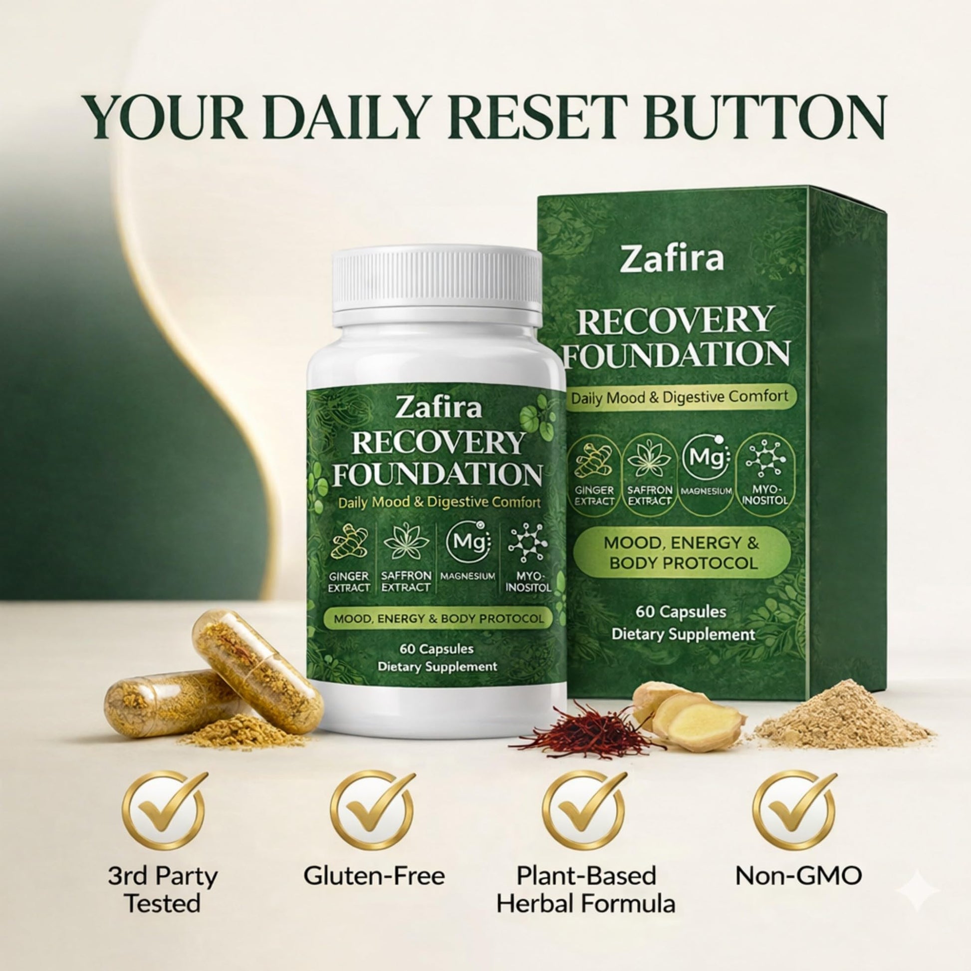 DYDUON Zafira Recovery Foundation Capsules – Mental Clarity, Hair & Mood Support, Natural Herbal Formula with Saffron Extract, Ginger Extract, L-Theanine, Myo-Inositol, Non-GMO, 60 Capsules DYDUON uk supplements