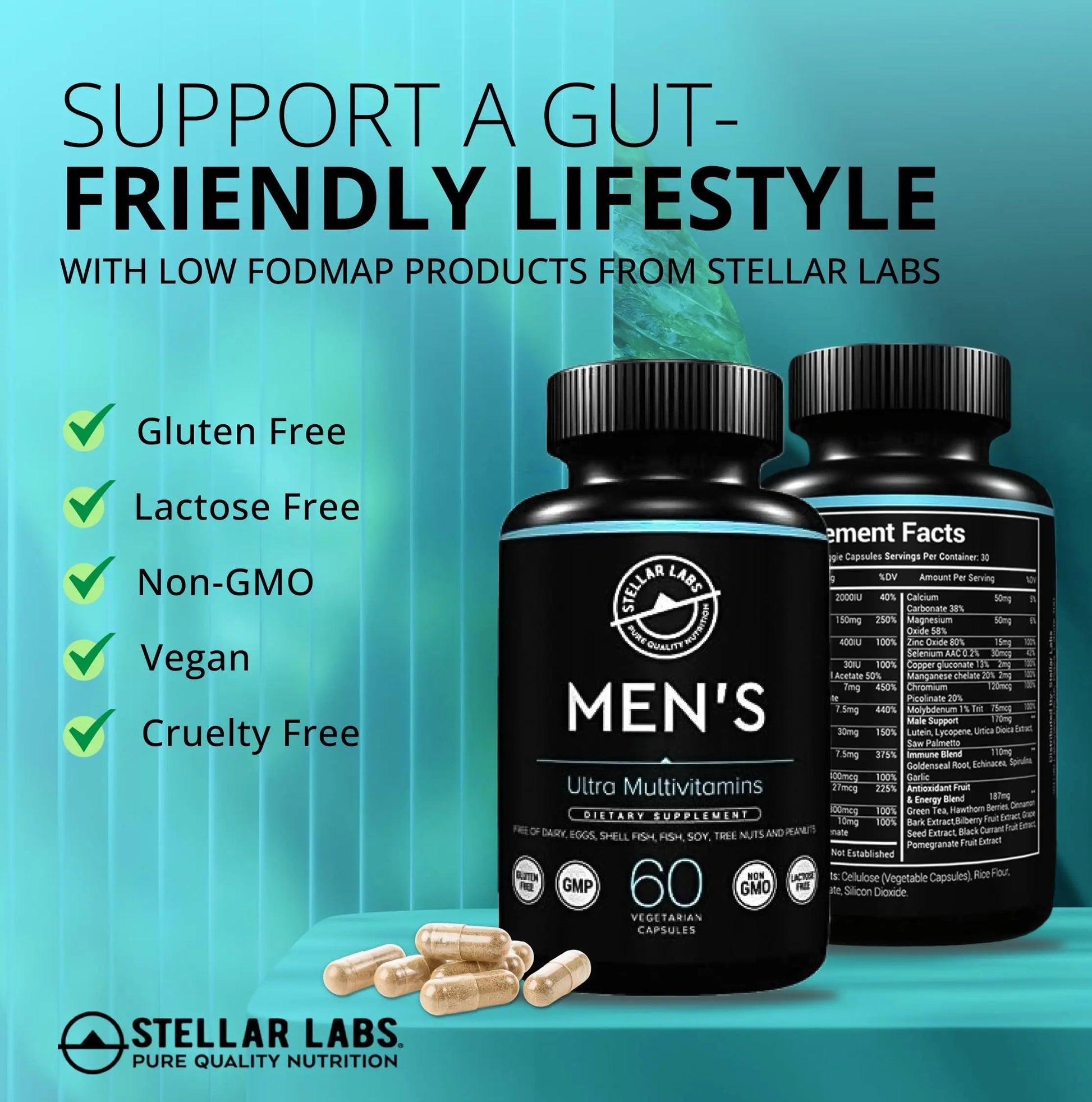 Stellar Labs Men's Low FODMAP Vegan Daily Multivitamin, No Iron | Easy On Sensitive Stomachs, Easy to Swallow Vitamins | Stellar Labs uk supplements