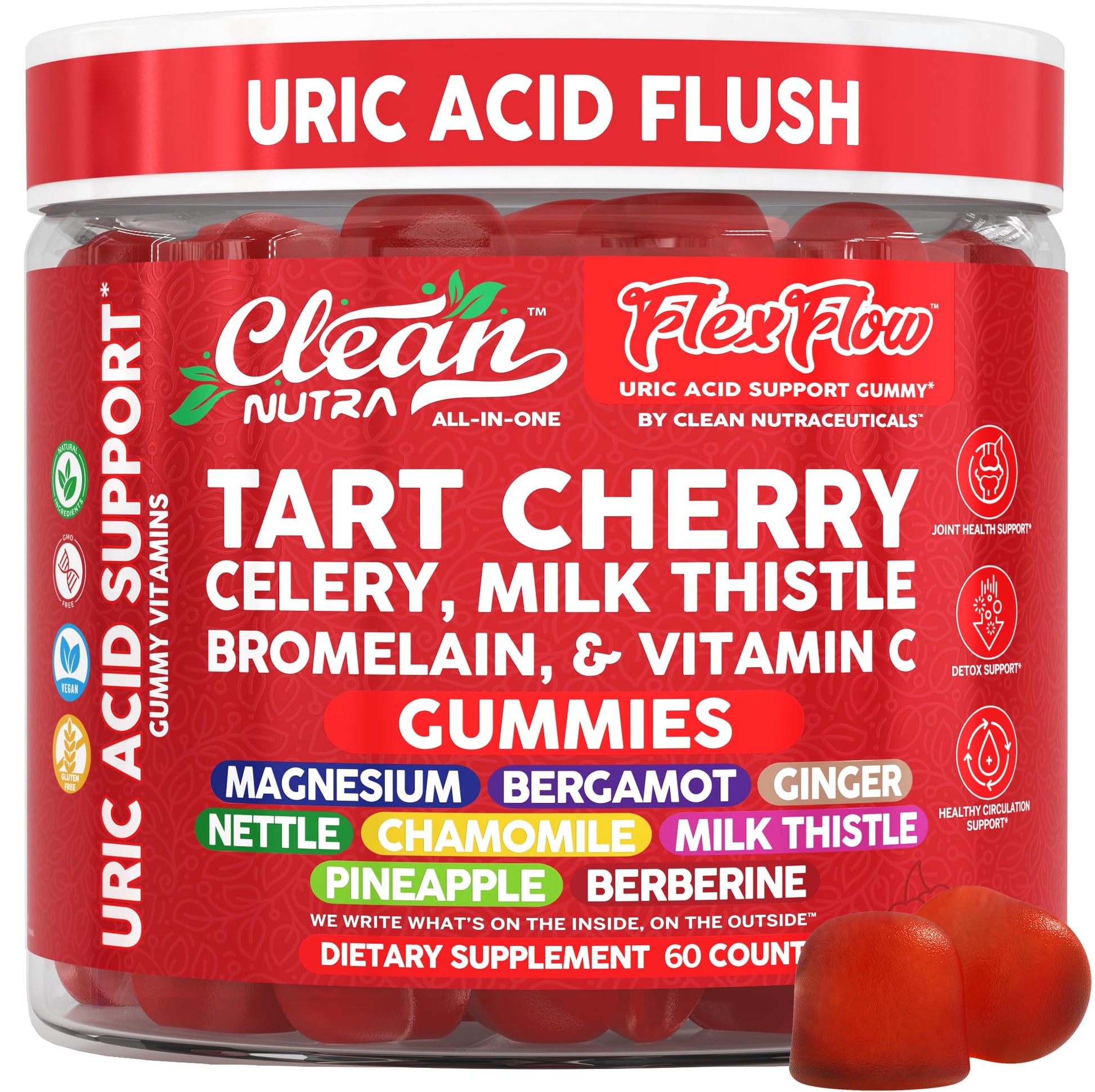 Clean Nutra Tart Cherry Gummies Uric Acid Flush Celery Milk Thistle Bromelain Vitamin C Magnesium Citrus Bergamot Ginger Stinging Nettle Leaf Chamomile Berberine Quercetin Support 60 Gummy Vitamins Clean Nutraceuticals uk supplements