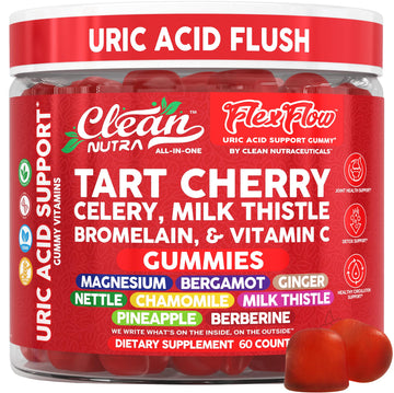 Clean Nutra Tart Cherry Gummies Uric Acid Flush Celery Milk Thistle Bromelain Vitamin C Magnesium Citrus Bergamot Ginger Stinging Nettle Leaf Chamomile Berberine Quercetin Support 60 Gummy Vitamins Clean Nutraceuticals uk supplements