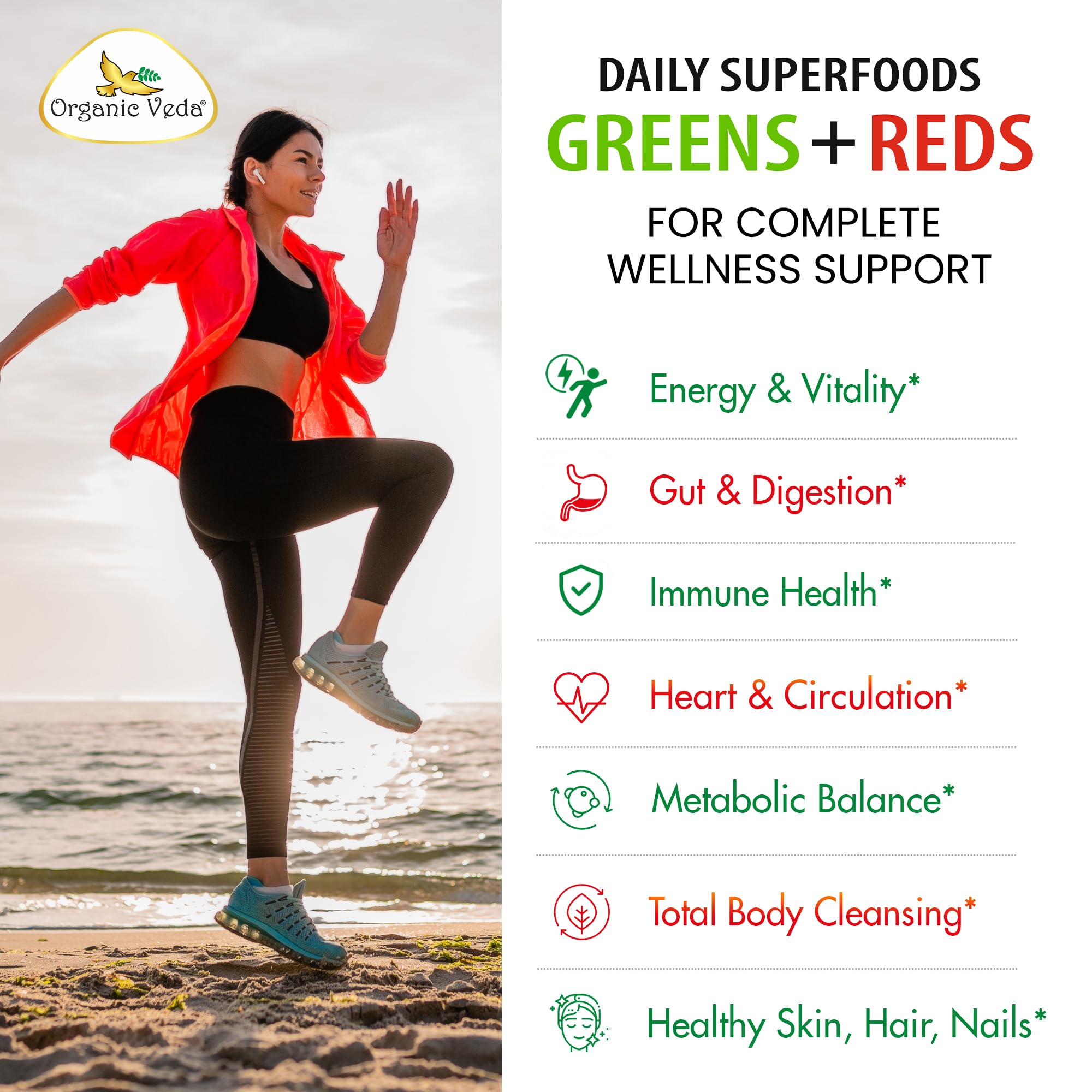 Organic Veda Super Greens & Reds Capsules - Organic Superfoods, Daily Greens, Red Juice, Fruits & Vegetables Supplement - Papaya Enzymes, Digestive Herbs, Bromelain, Antioxidants - 120 Veggie Capsules Organic Veda uk supplements