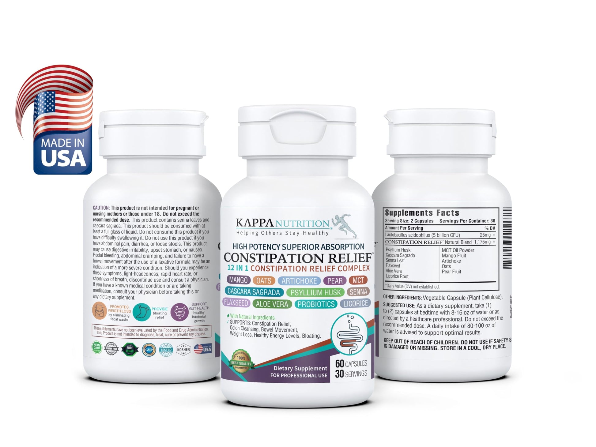 KAPPA NUTRITION Constipation Relief Supplement – Gentle Colon Cleanse for Regularity & Gut Health – Non-Habit Forming Formula with Fiber, Herbs & Probiotics – Non-GMO, 60 Capsules KAPPA NUTRITION uk supplements