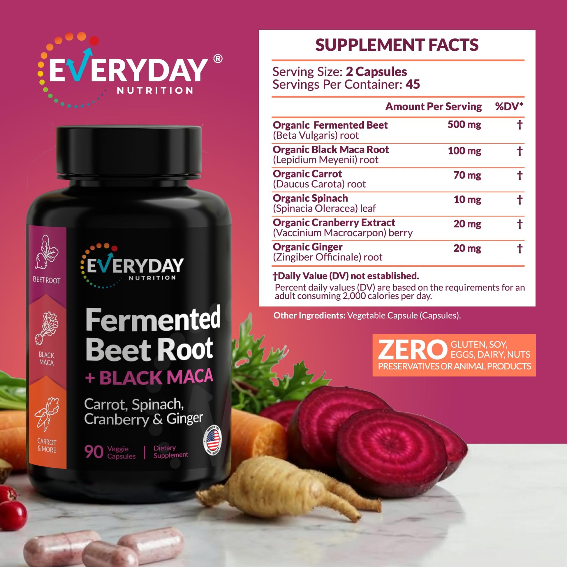 EVERYDAY NUTRITION Organic Fermented Beet Root & Black Maca Capsules with Carrot, Spinach, Cranberry & Ginger | Superfood for Energy, Stamina & Wellness | 90 Veggie Capsules | Made in USA EVERYDAY NUTRITION uk supplements
