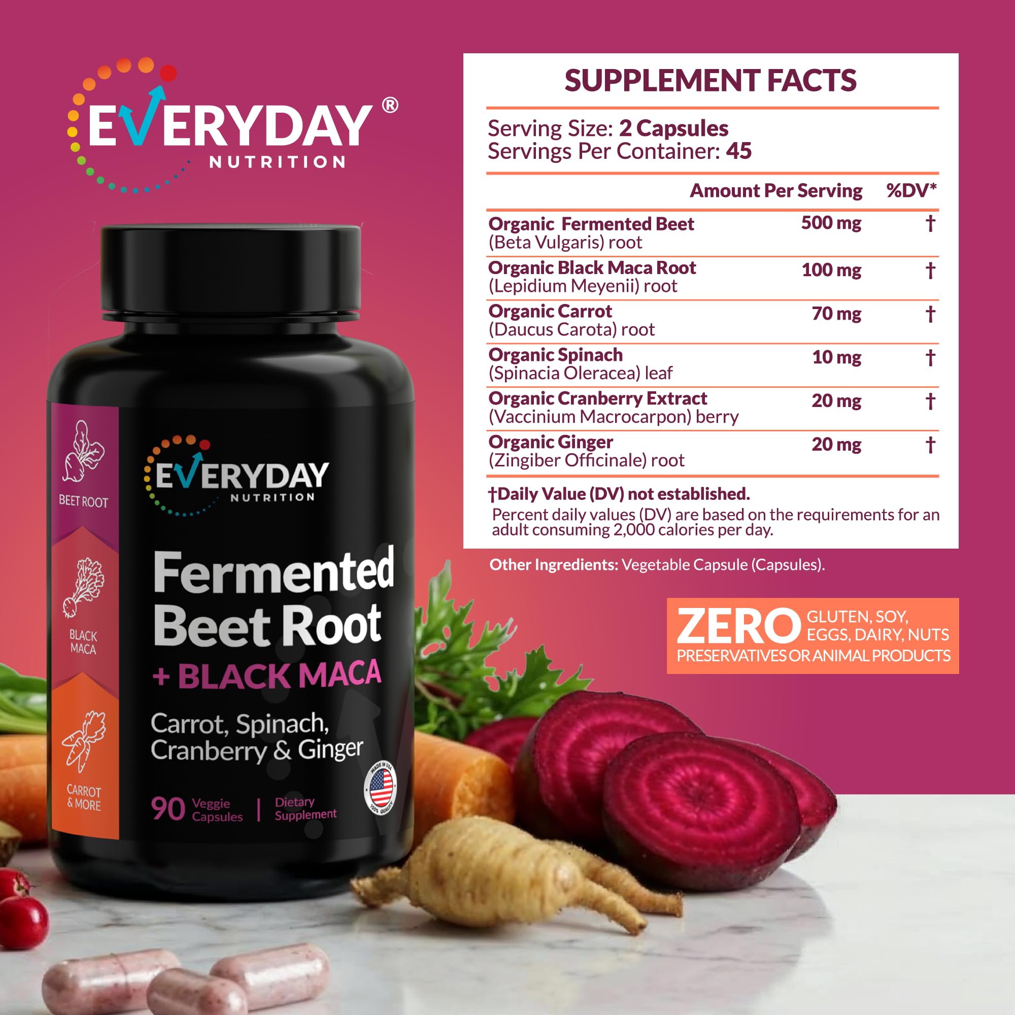 EVERYDAY NUTRITION Organic Fermented Beet Root & Black Maca Capsules with Carrot, Spinach, Cranberry & Ginger | Superfood for Energy, Stamina & Wellness | 90 Veggie Capsules | Made in USA EVERYDAY NUTRITION uk supplements