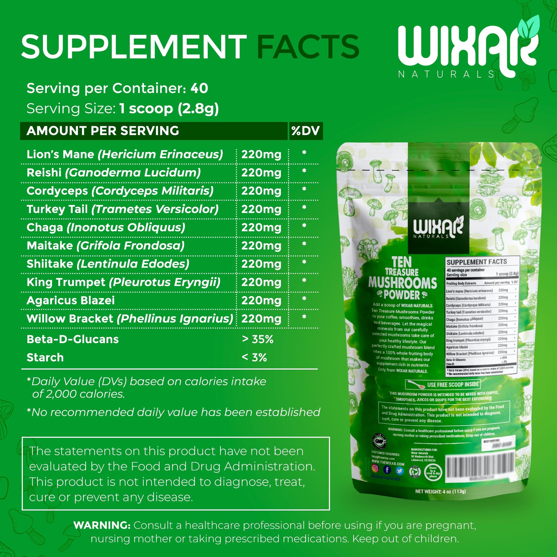 Wixar Mushroom Powder - Ten Treasure Mushrooms Extract Supplement Blend for Coffee WIXAR NATURALS uk supplements