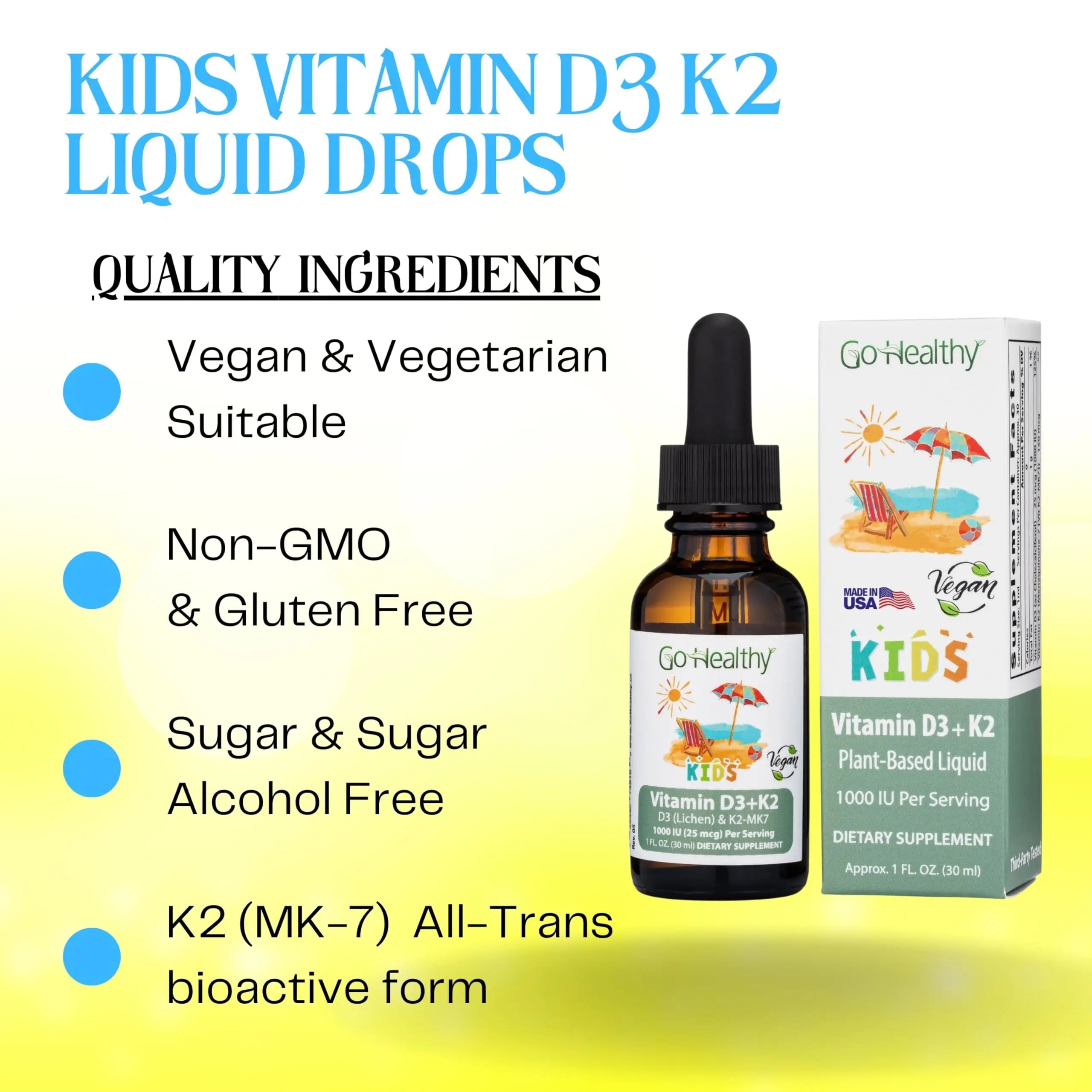 Go Healthy Kids Vitamins D3 K2 (MK-7), Child Vitamin D, Liquid Vegan D3 K2 Drops for Kids Go Healthy Natural uk supplements