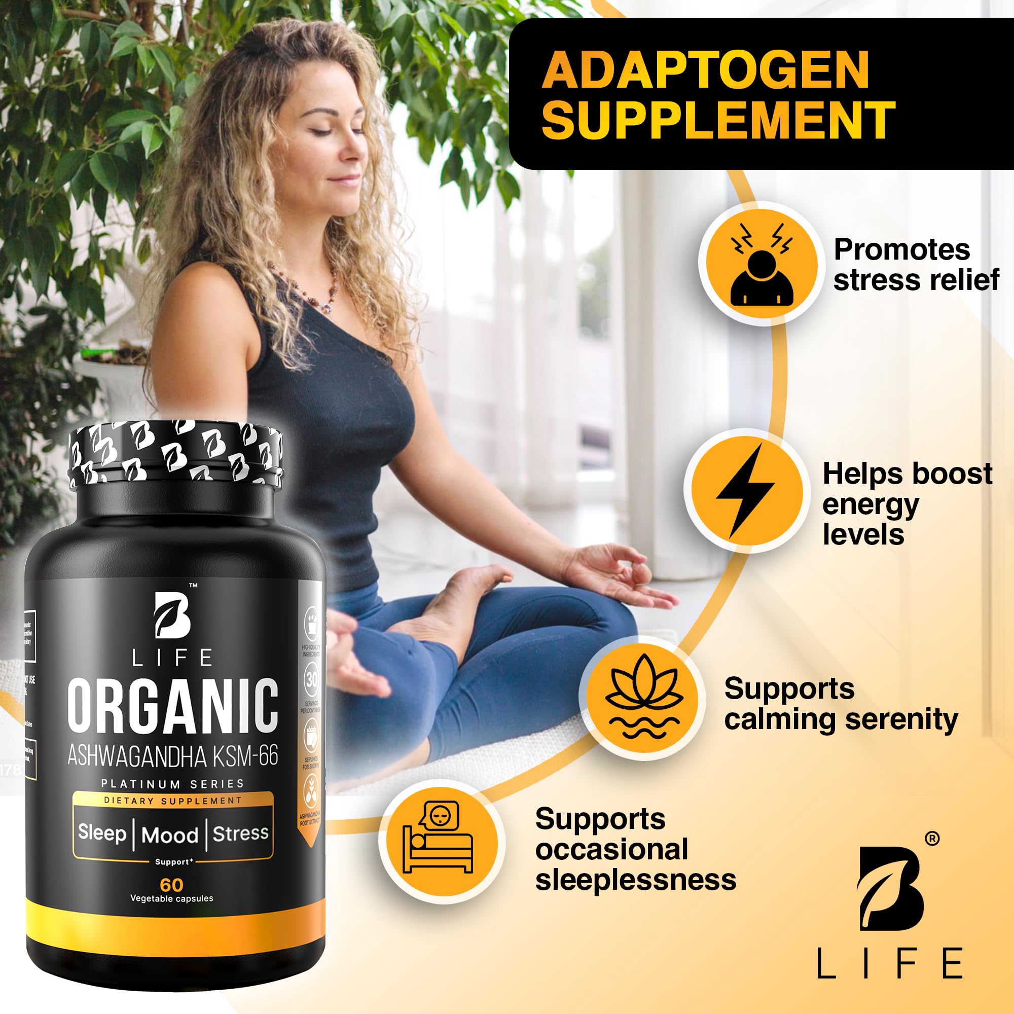 Organic Ashwagandha KSM-66 1000 mg Supplement | Adaptogen for Cortisol Support & Stress Relief | Mood, Calm & Sleep Aid for Men & Women | Ashwagandha ritual vitamins for women | 60 Vegan Caps B Life Company uk supplements